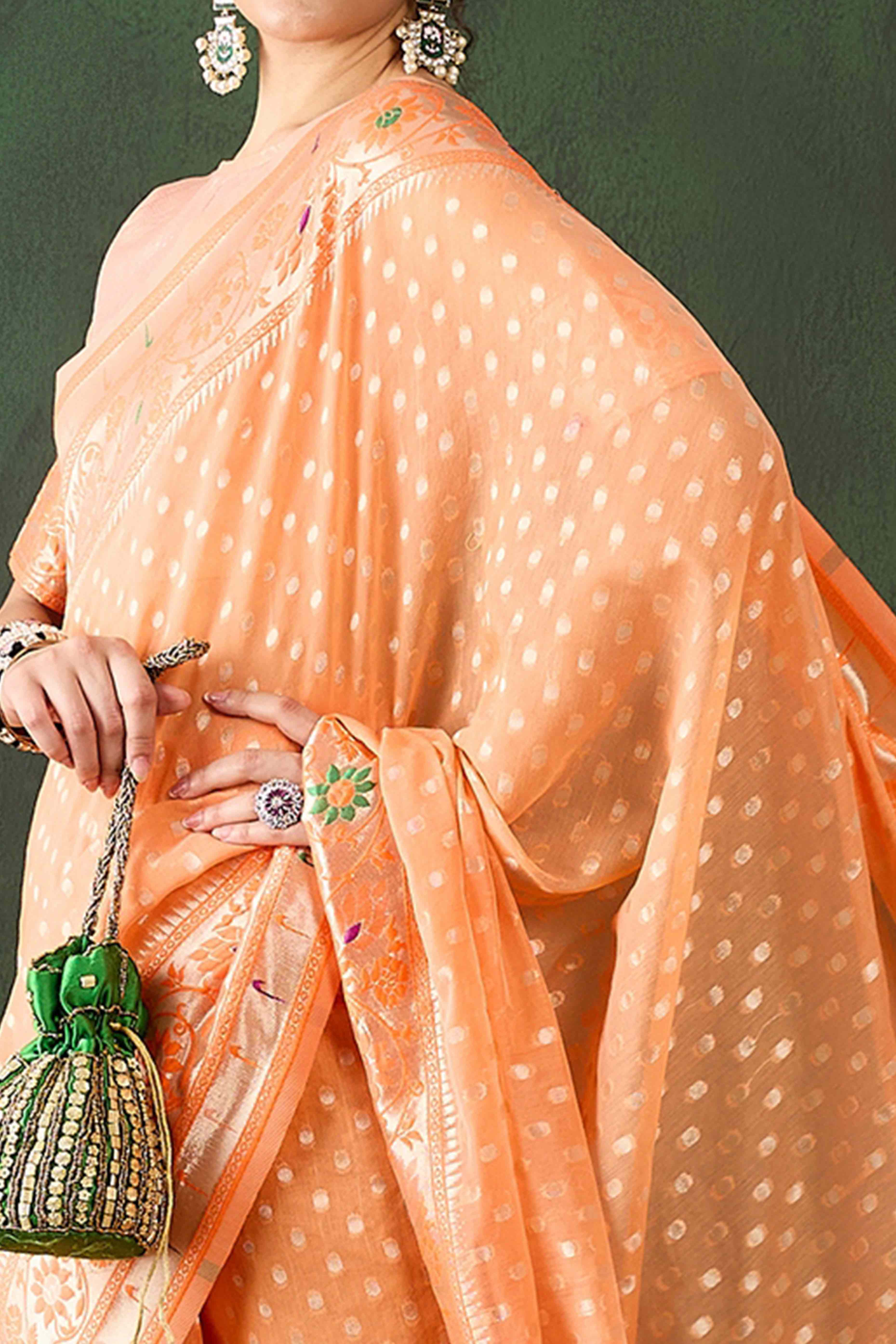 Orange Floral Zari Weaving On Orange Poly Cotton Saree With Tasselled Borders