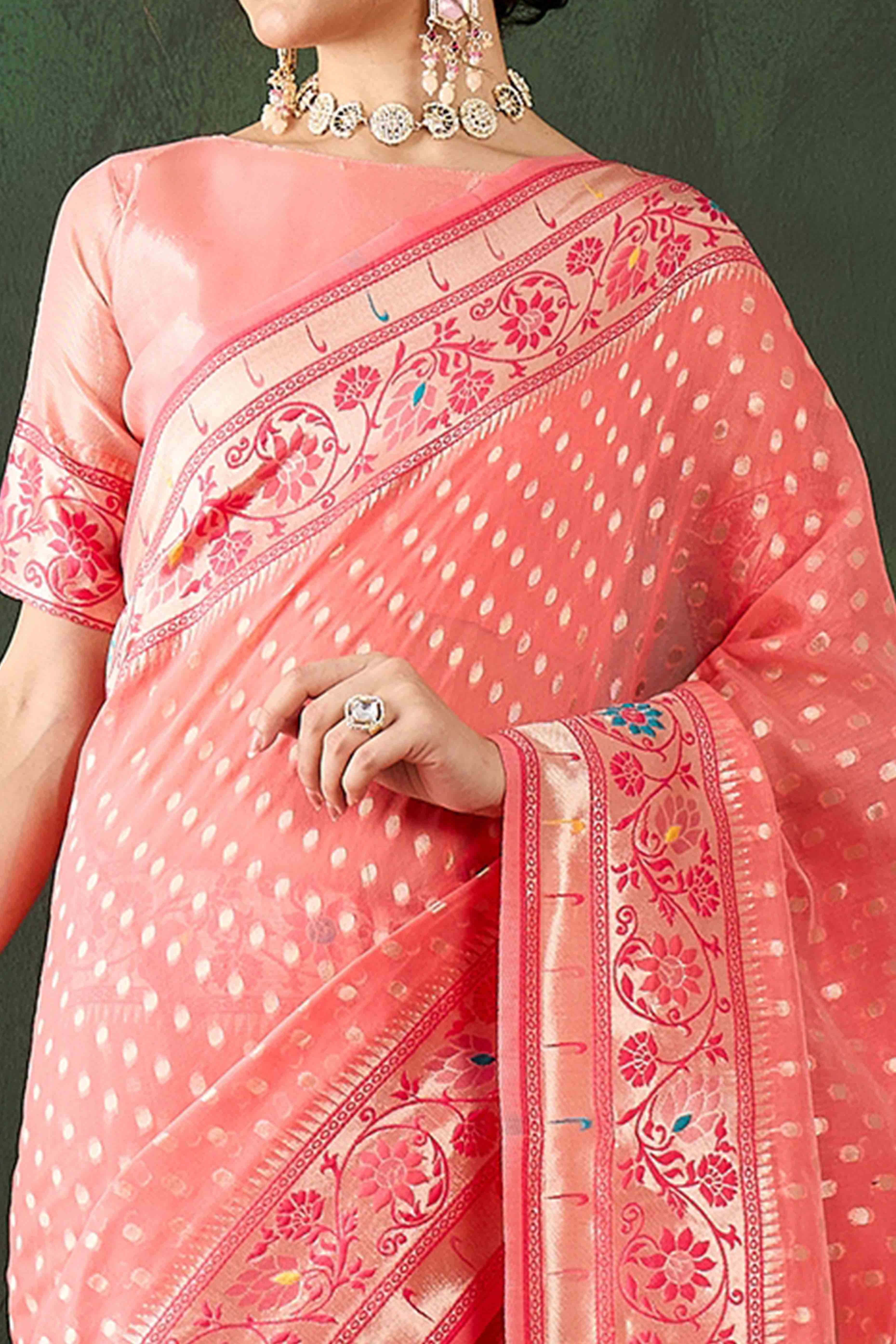 Peach Floral Zari Weaving On Orange Poly Cotton Saree With Tasselled Borders