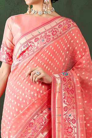 Peach Floral Zari Weaving On Orange Poly Cotton Saree With Tasselled Borders