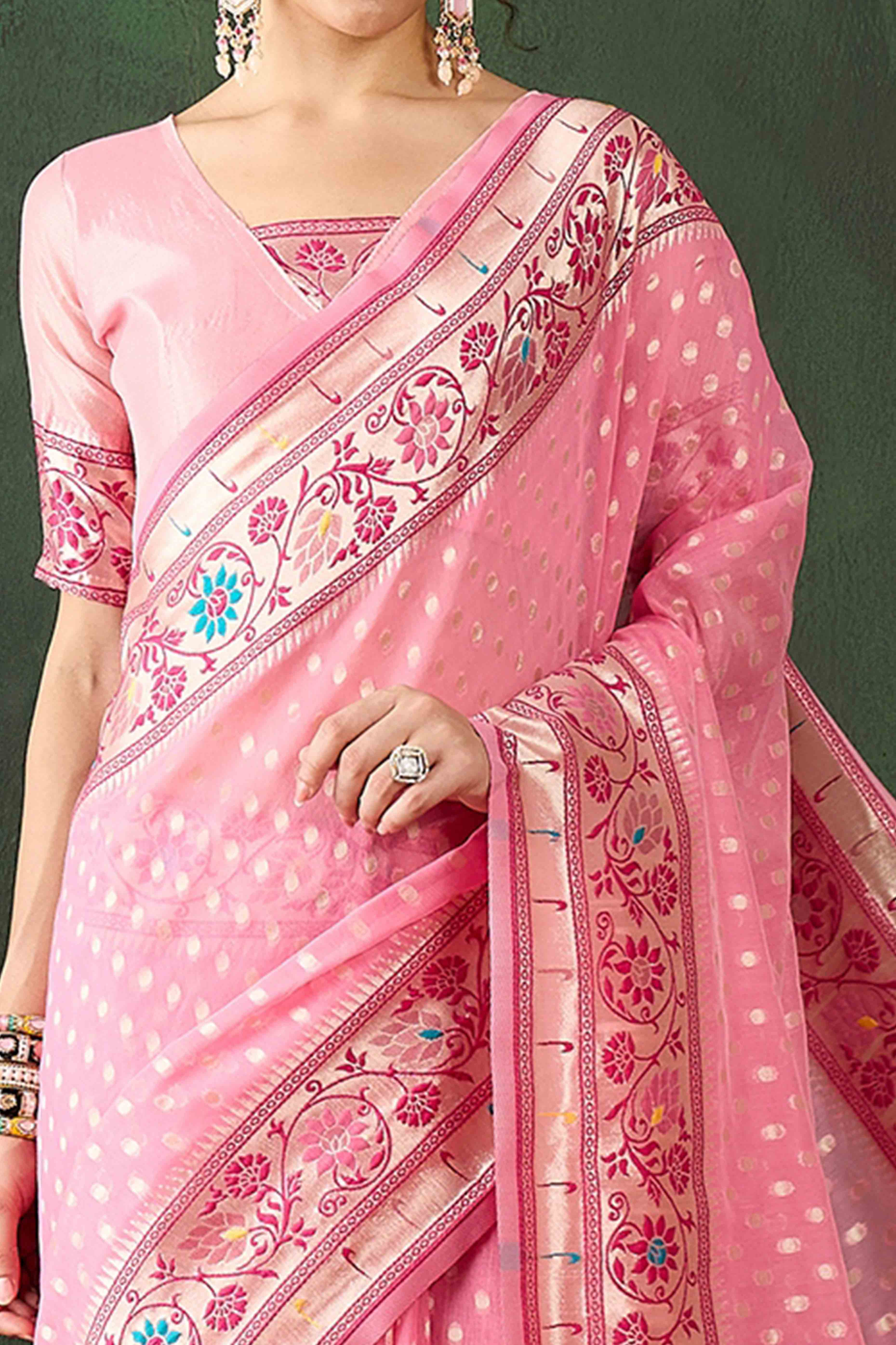 Pink Floral Zari Weaving On Orange Poly Cotton Saree With Tasselled Borders