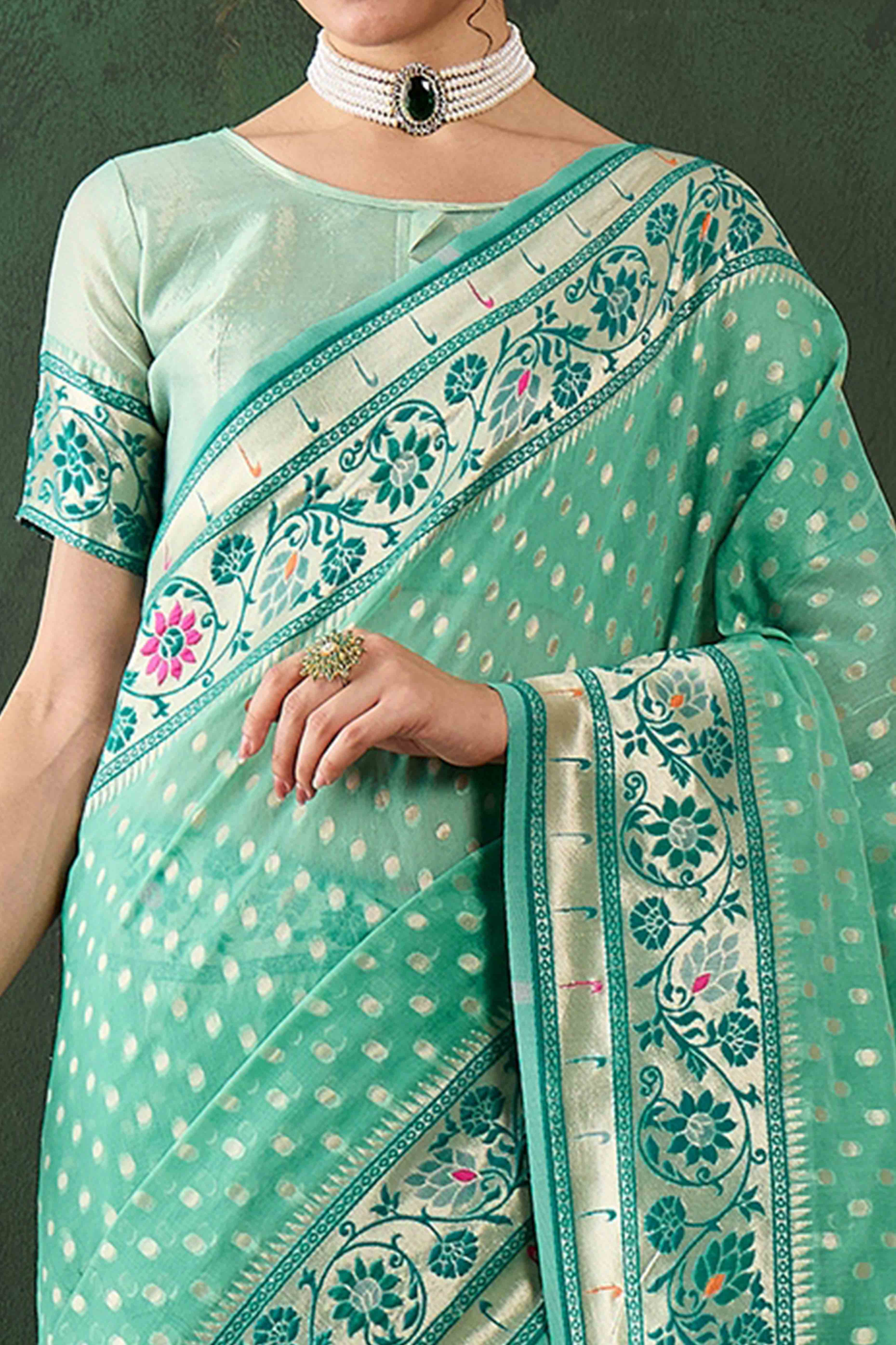 Sea Green Floral Zari Weaving On Orange Poly Cotton Saree With Tasselled Borders