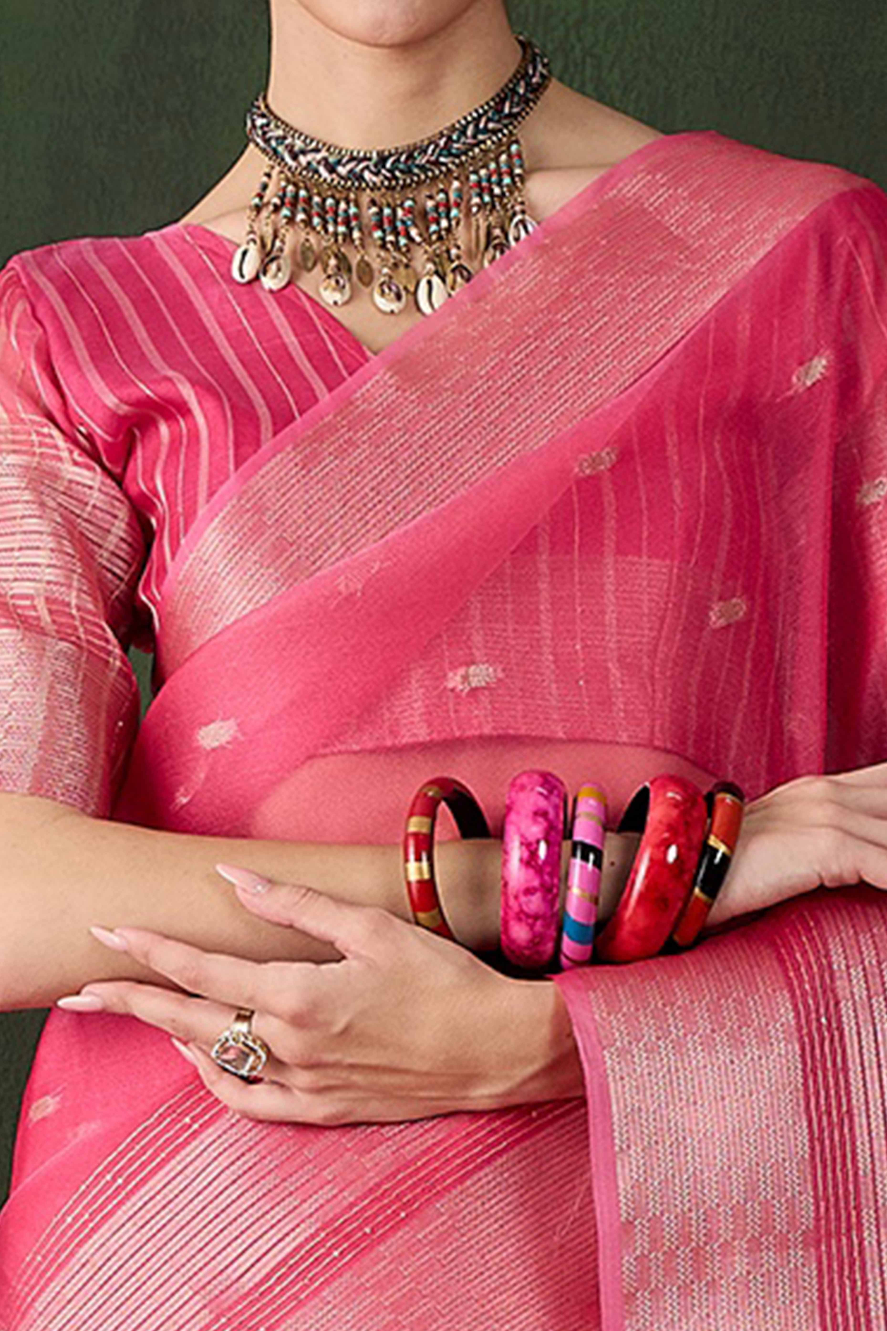 Pink Woven Khadi Organza Saree Embellished With Shimmering Sequins Work