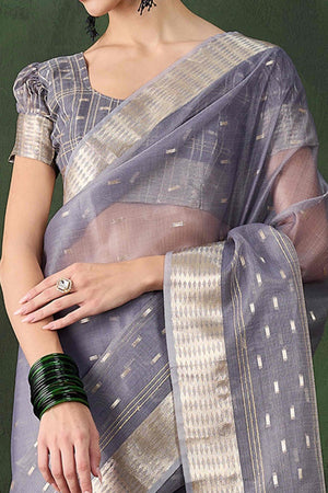 Grey Saree With Fine Zari Weaving on Khadi Organza and Tassel Detailing Pallu
