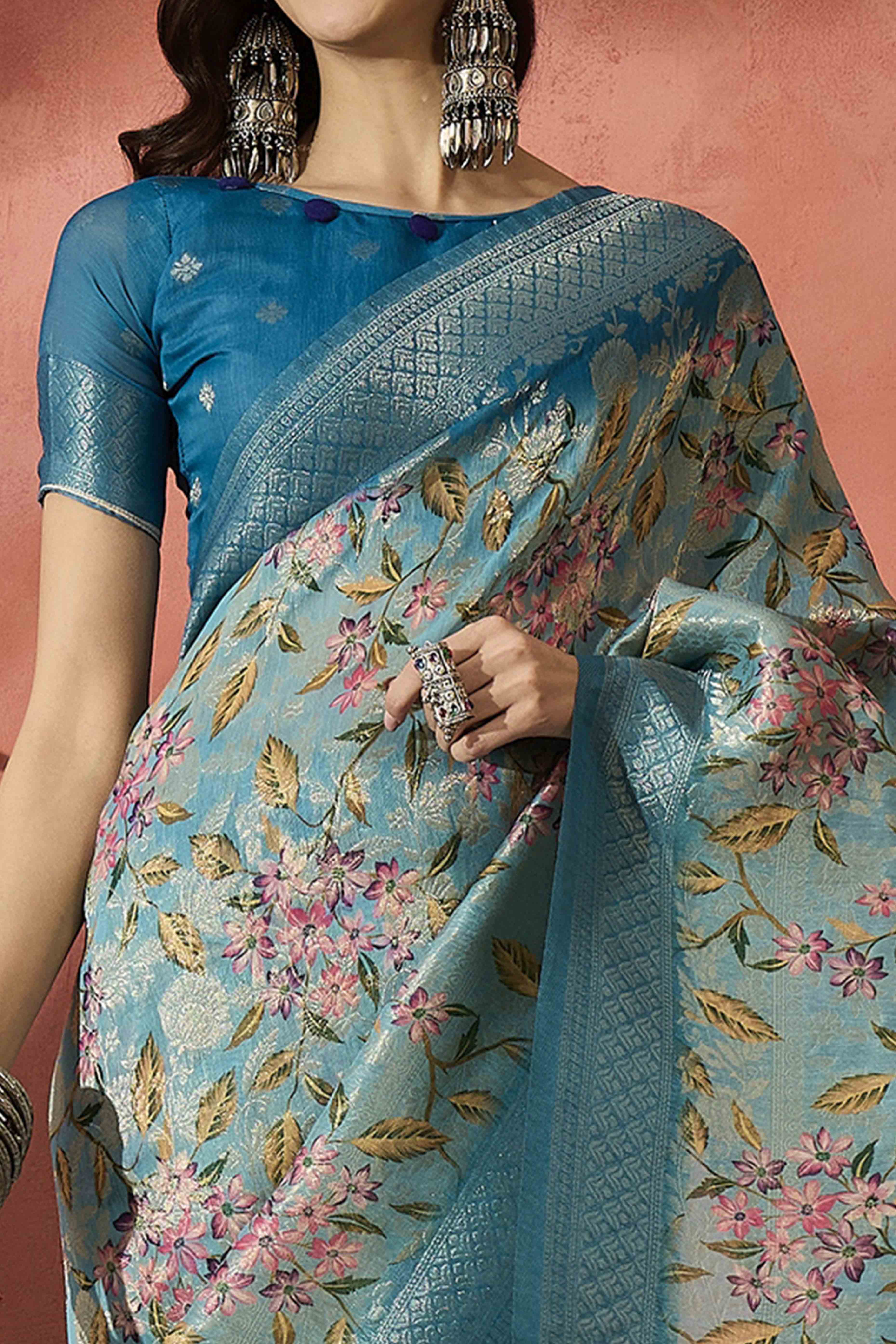 Blue Saree In Poly Cotton Featuring Intricate Floral Zari Weaving & Tassel Accents