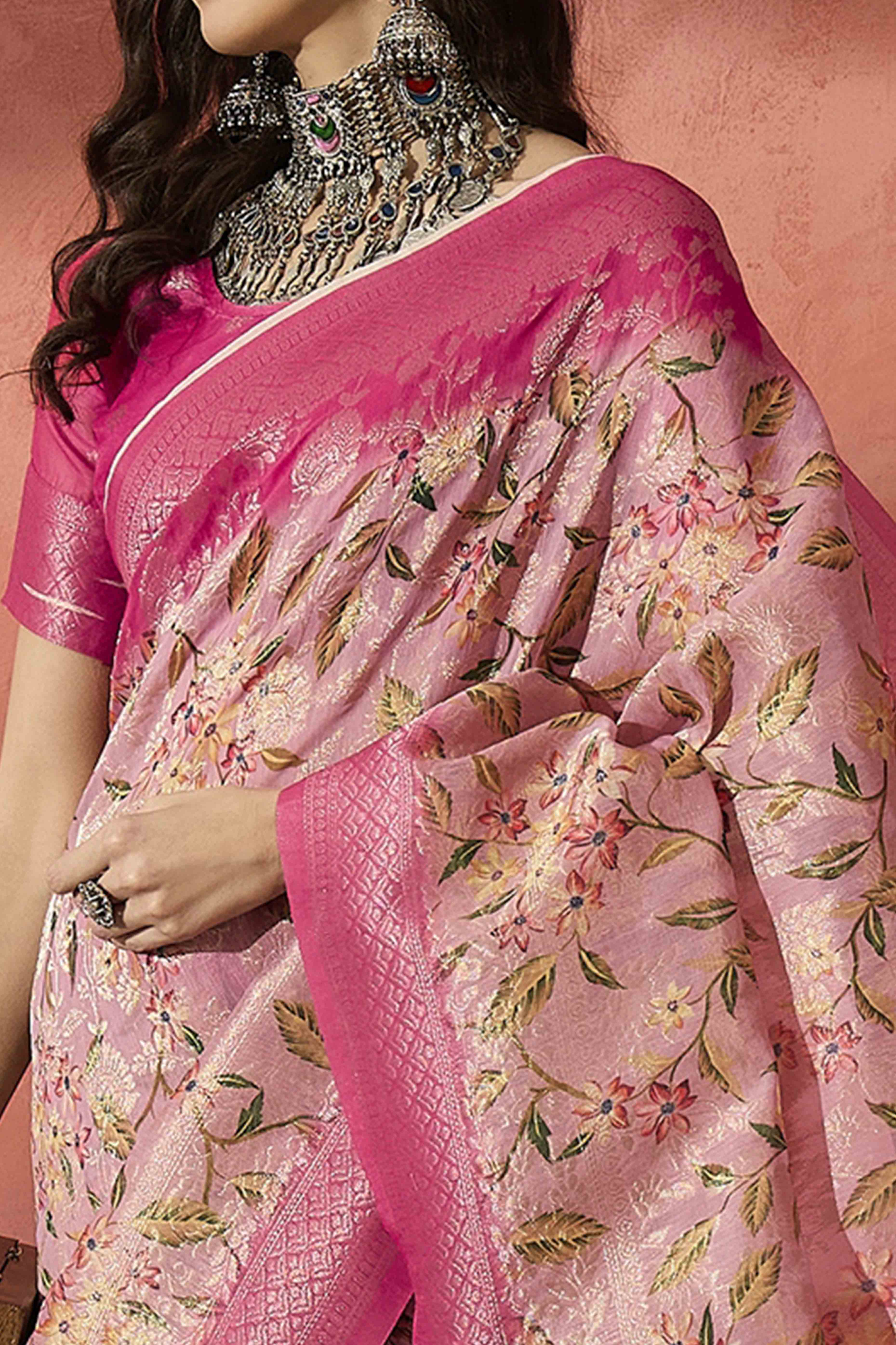 Pink Saree In Poly Cotton Featuring Intricate Floral Zari Weaving & Tassel Accents
