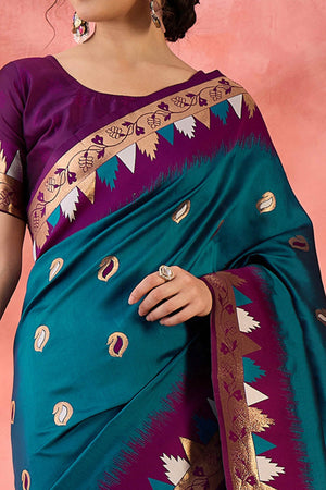 Morpich Blue Zari Woven Poly Silk Saree Enhanced With Graceful Tassel Detailing
