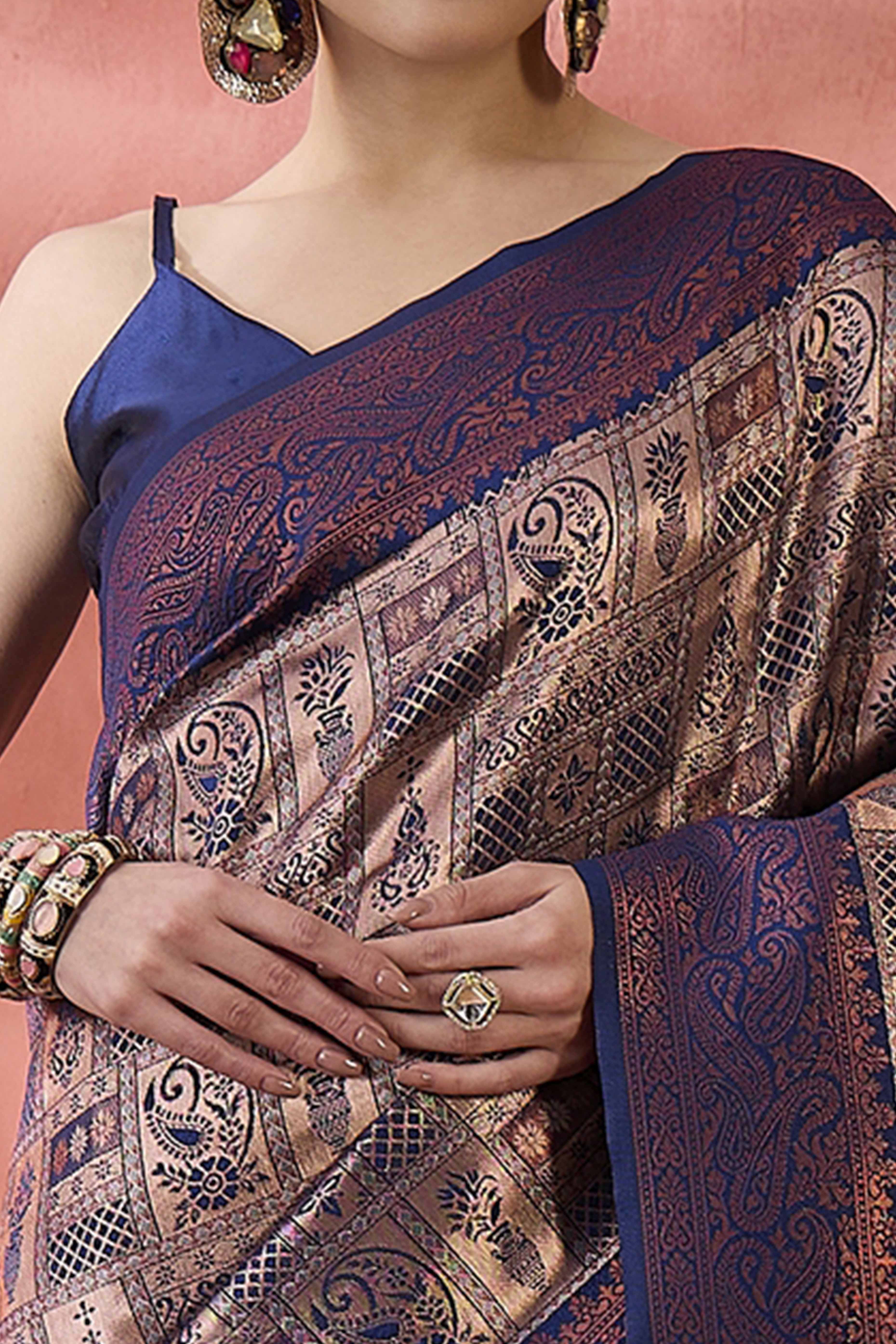 Navy Blue Woven Poly Silk Blend Saree Featuring Floral & Paisley Motifs With Tassel Accents