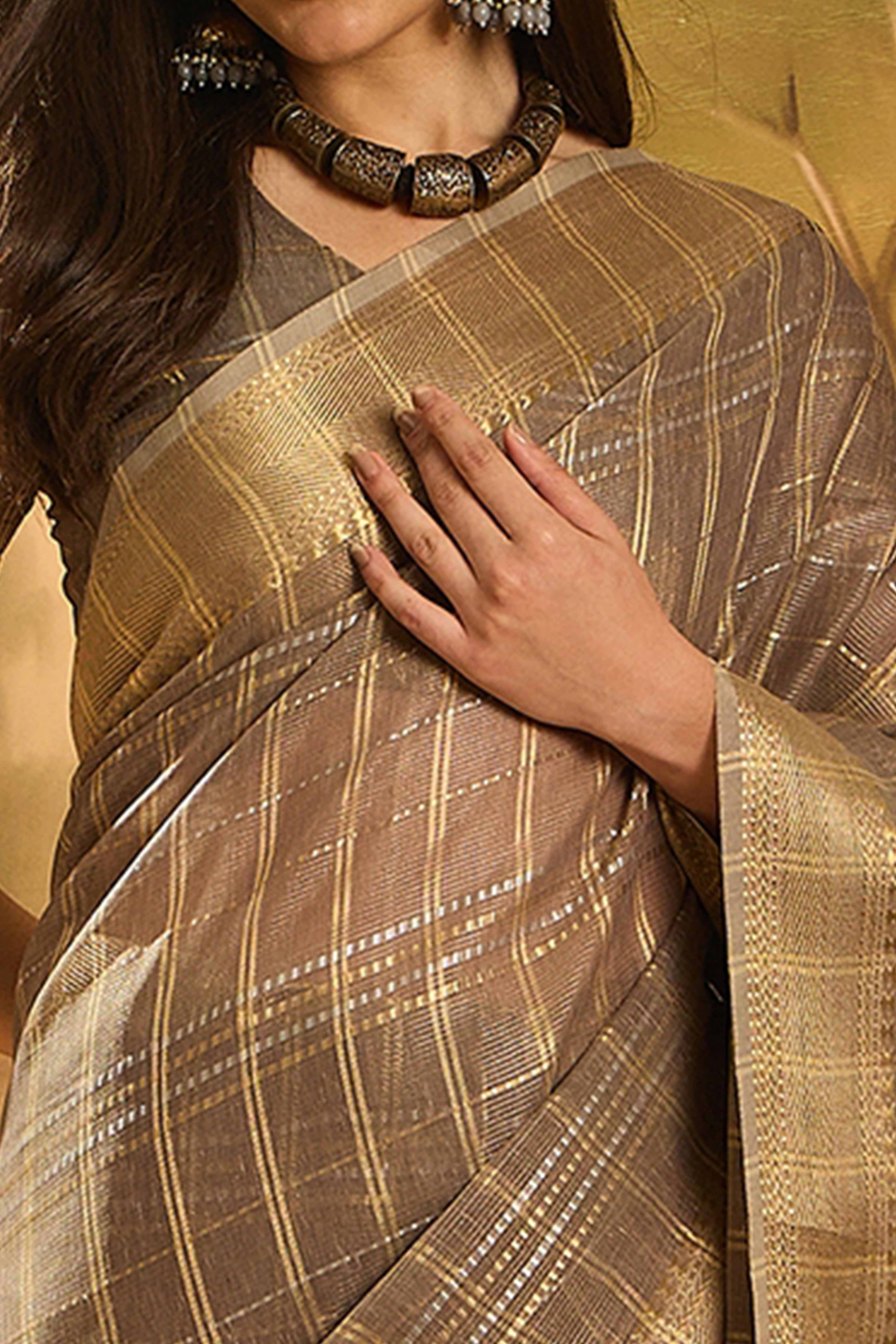 Taupe Zari Woven Khadi Organza Saree Featuring Classic Checks & Tassel Detailing