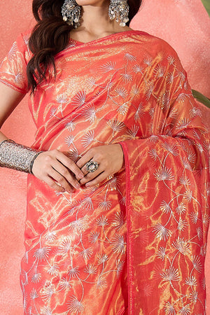 Rust Orange Twill Net Saree With Intricate Floral Sequin Work & Flowing Tassel Pallu