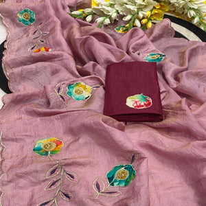 Mauve Crush-Style Silk Blend Saree Enhanced with Beautiful Patch Work Embroidery