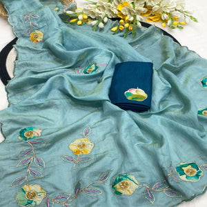 Sky Blue Crush-Style Silk Blend Saree Enhanced with Beautiful Patch Work Embroidery