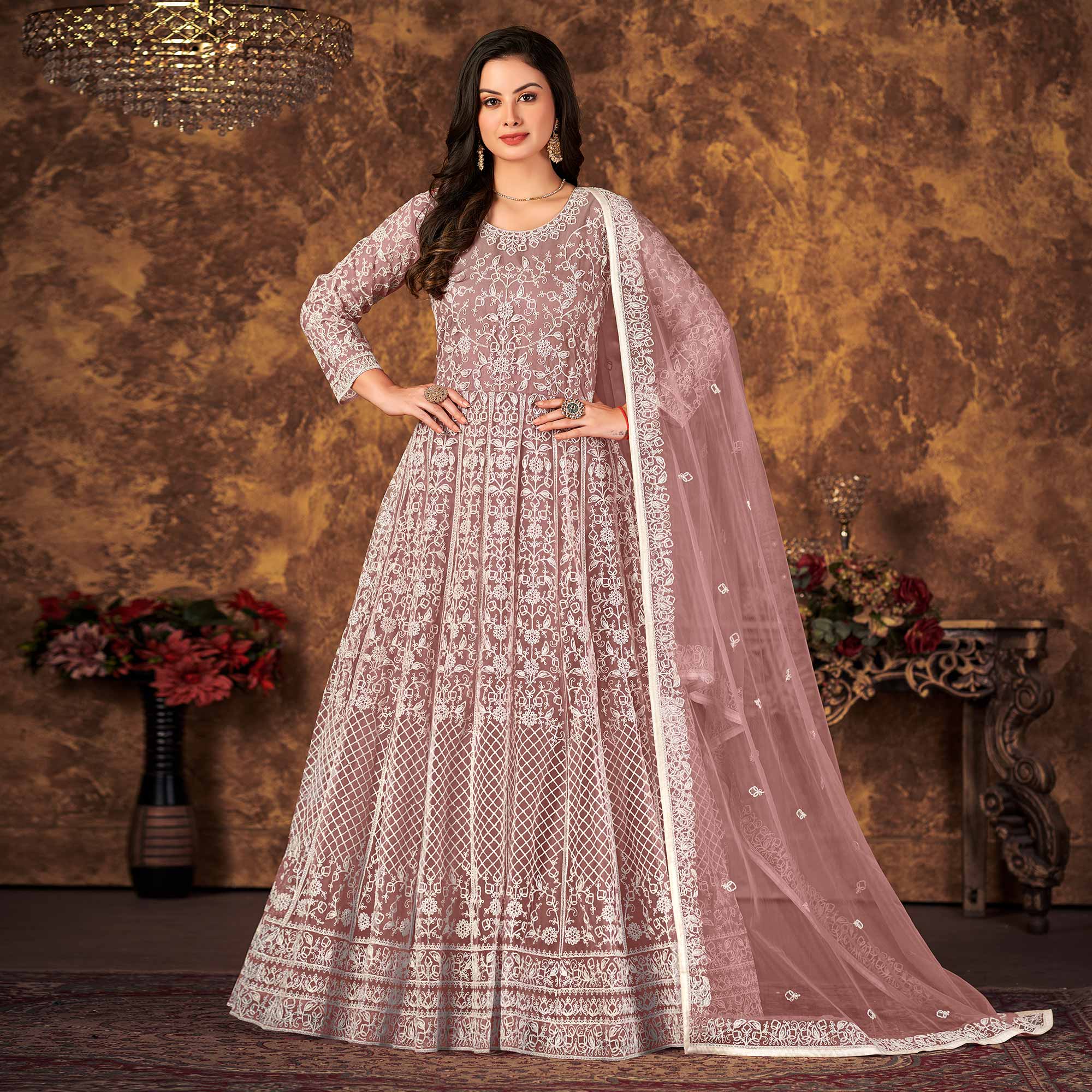 Mauve Floral Embroidered Net Semi Stitched Dress Material