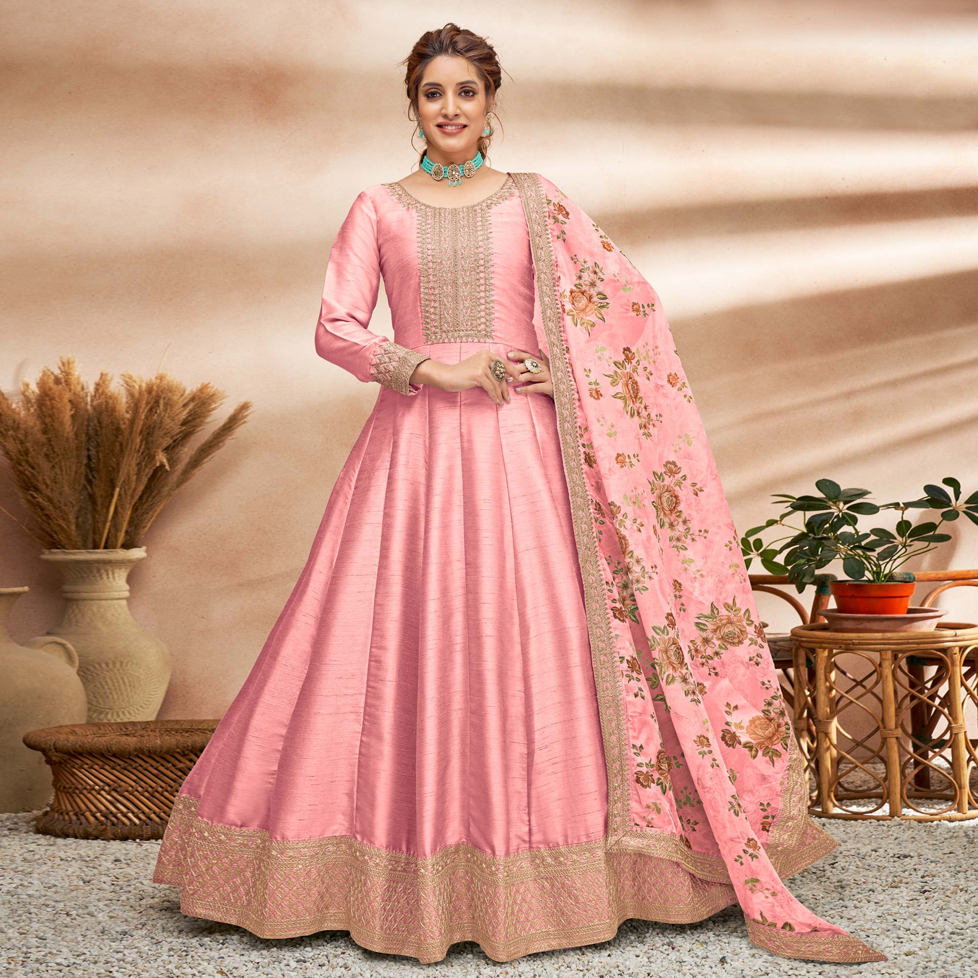 Pink Embroidered Art Silk Semi Stitched Anarkali Suit