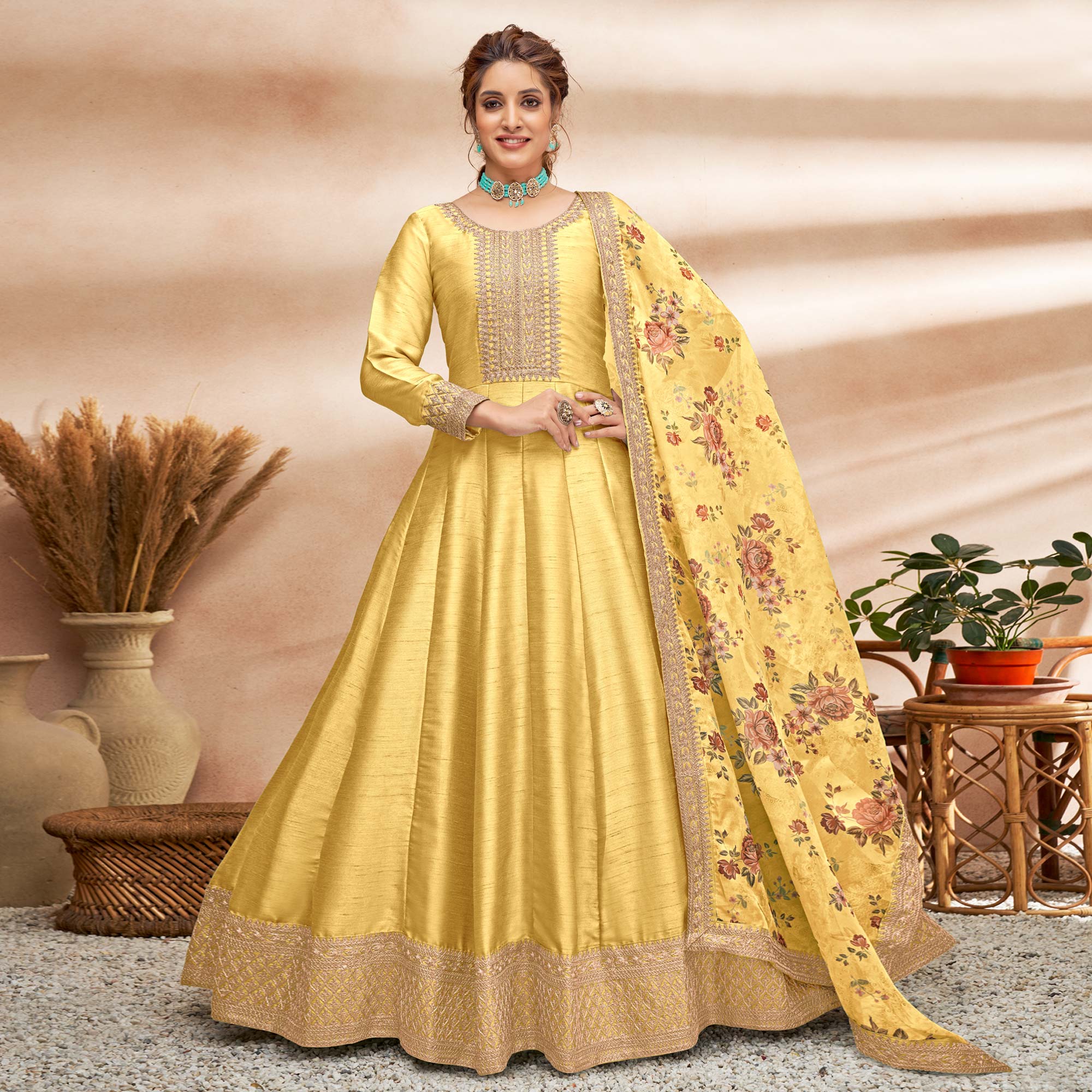 Yellow Embroidered Art Silk Semi Stitched Anarkali Suit