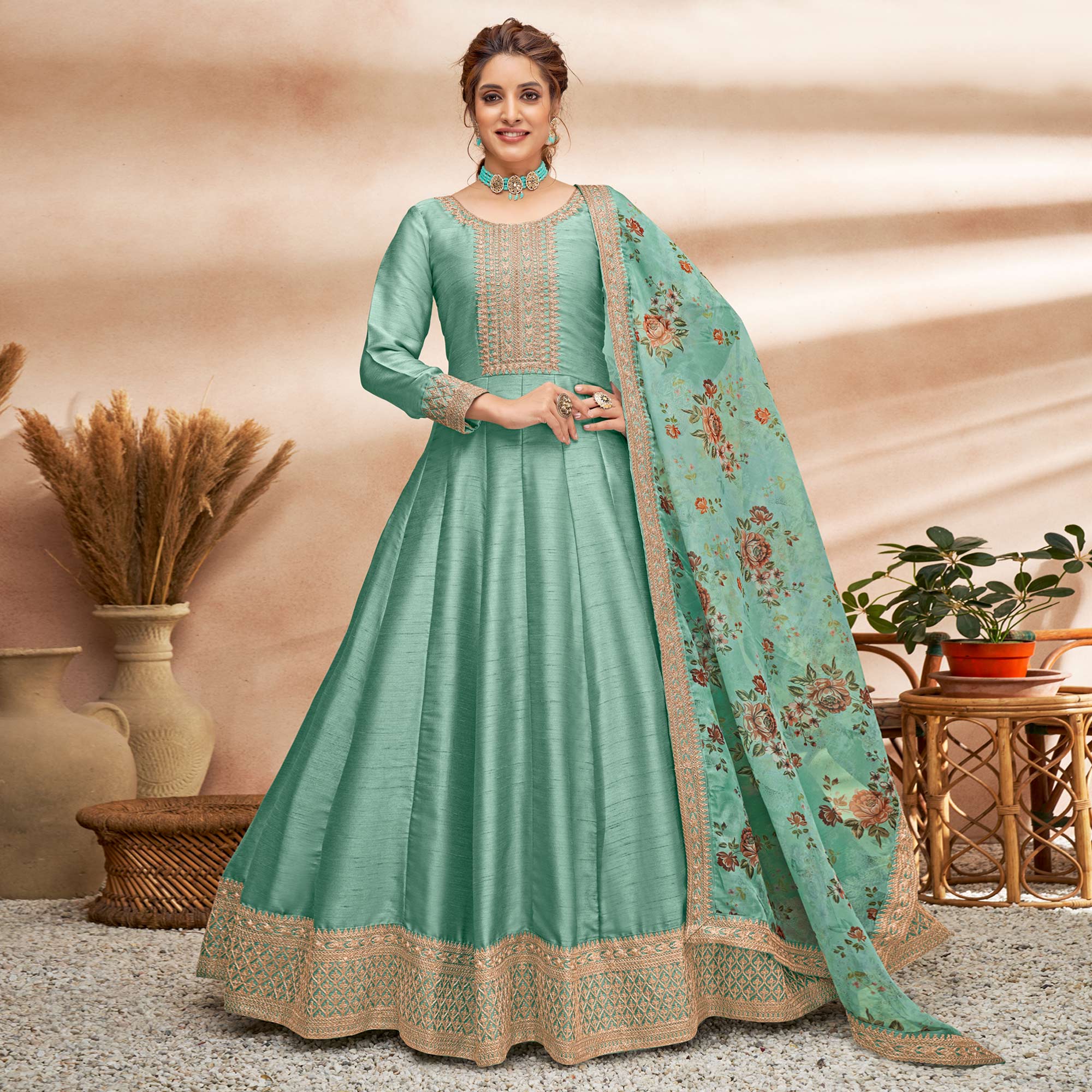 Turquoise  Embroidered Art Silk Semi Stitched Anarkali Suit