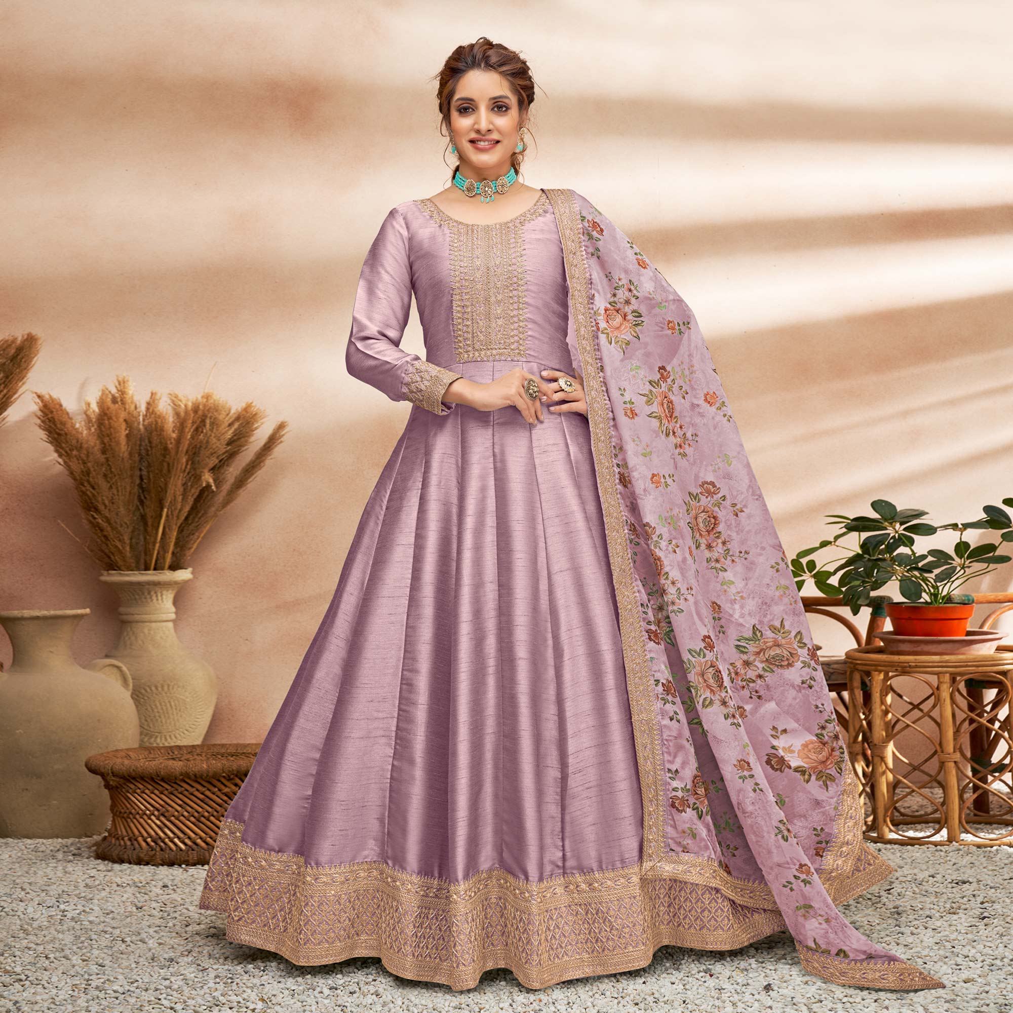 Mauve Embroidered Art Silk Semi Stitched Anarkali Suit