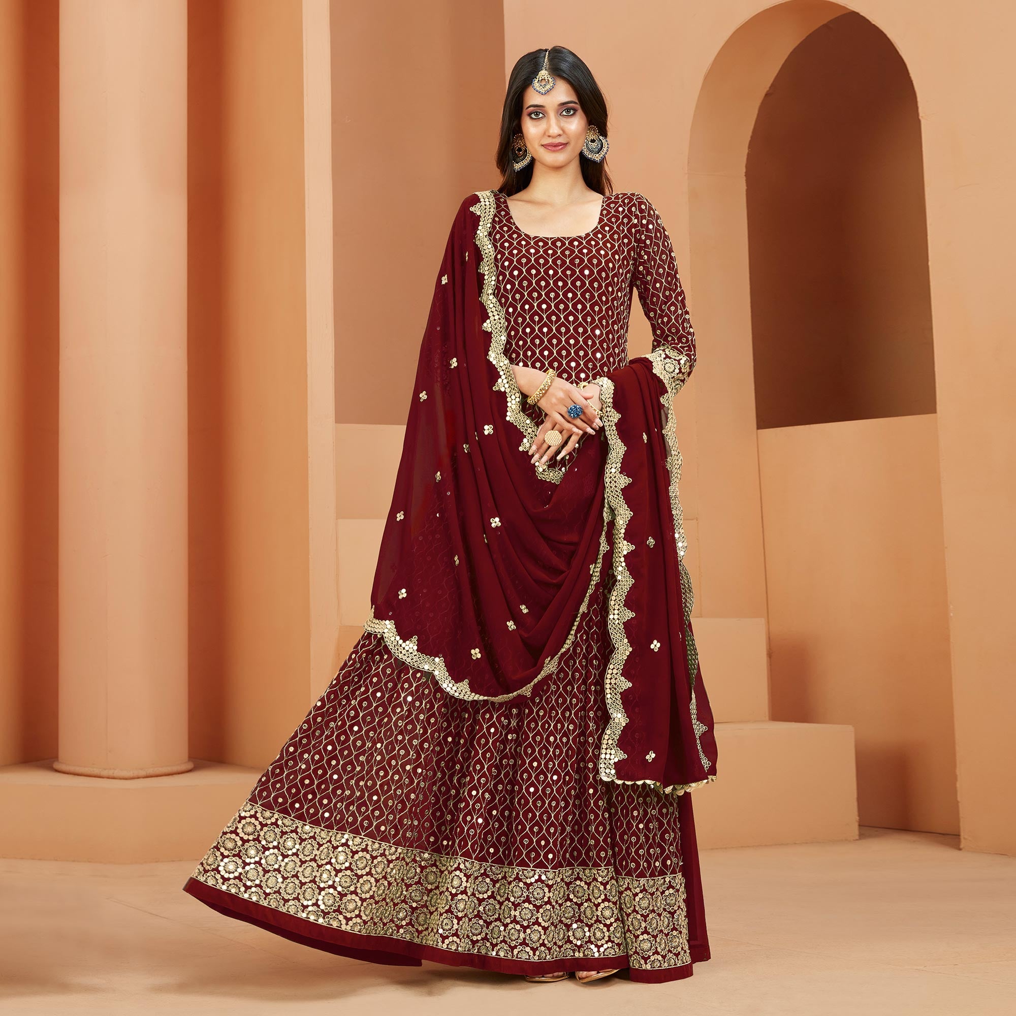 Maroon Sequins Embroidered Georgette Semi Stitched Anarkali Suit