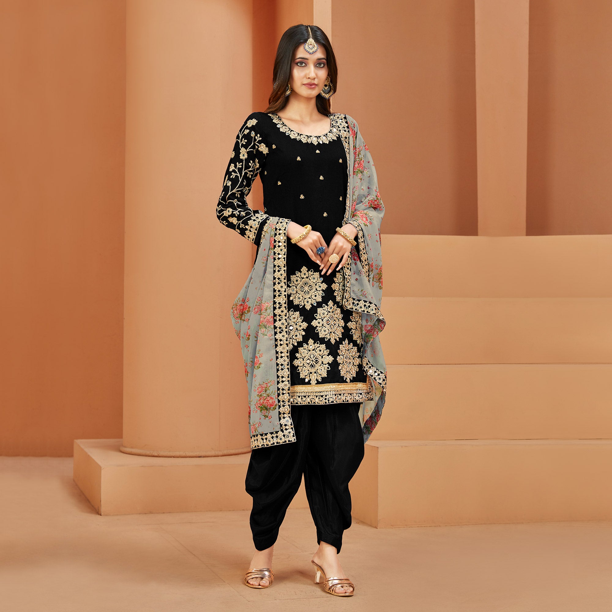 Black Floral Embroidered Art Silk Semi Stitched Patiala Suit