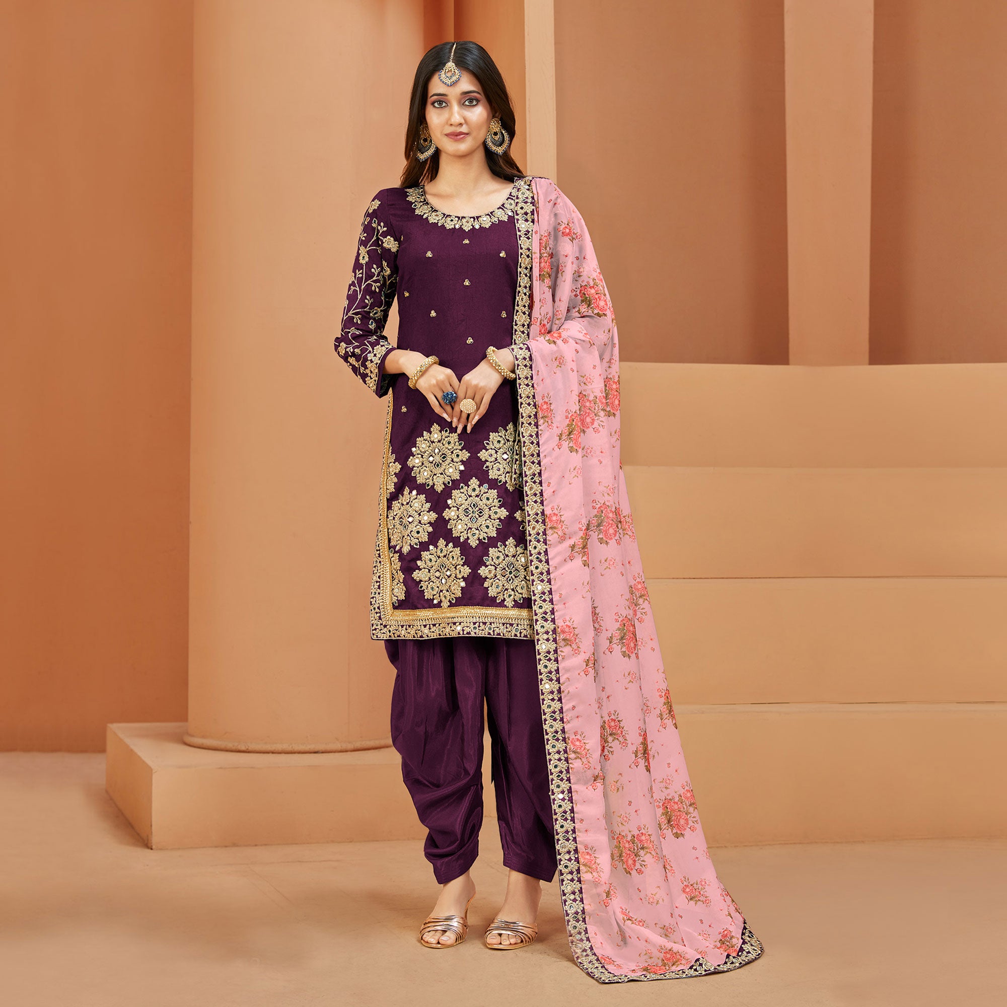 Purple Floral Embroidered Art Silk Semi Stitched Patiala Suit