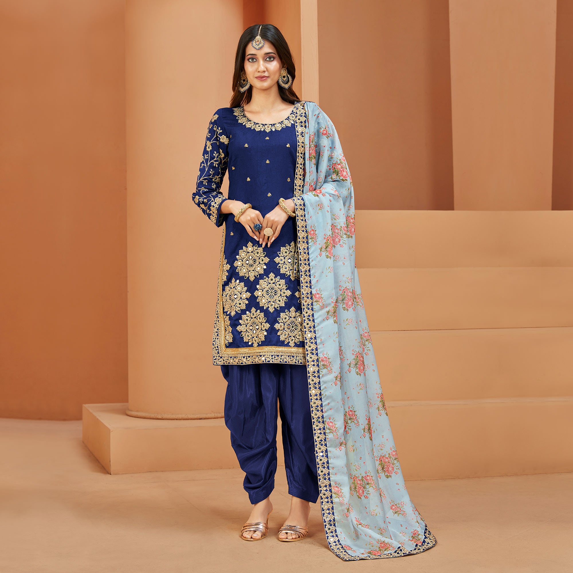 Blue Floral Embroidered Art Silk Semi Stitched Patiala Suit