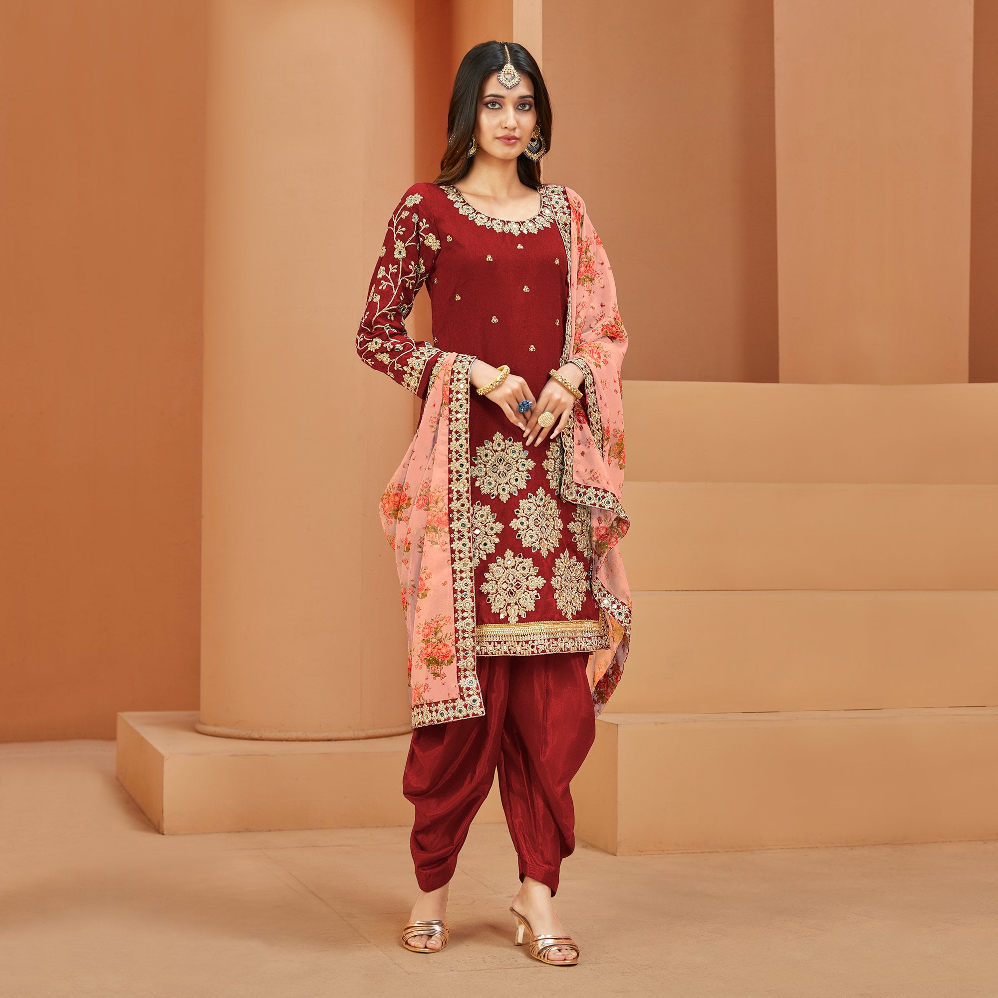 Red Floral Embroidered Art Silk Semi Stitched Patiala Suit