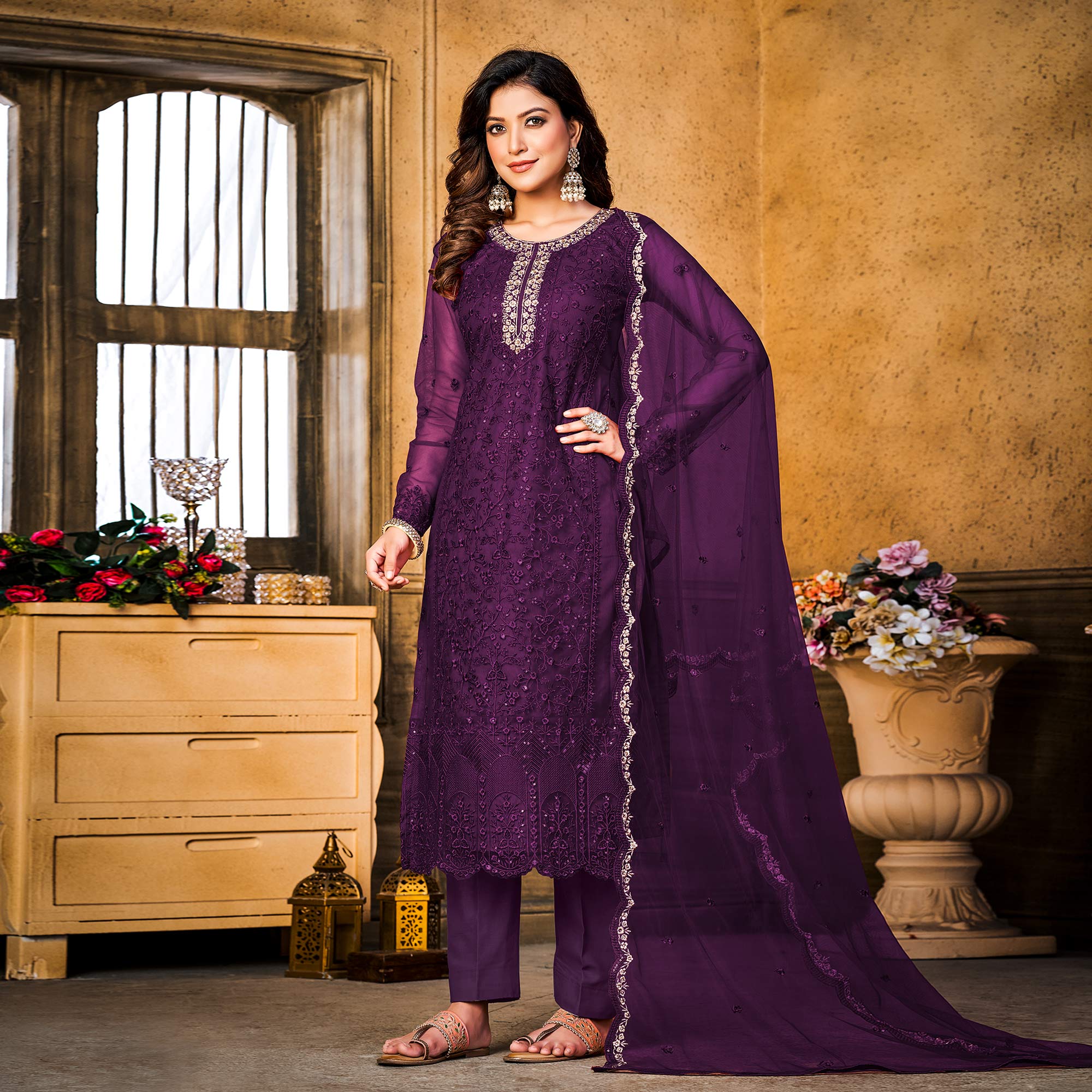 Purple Sequins Floral Embroidered Net Semi Stitched Suit