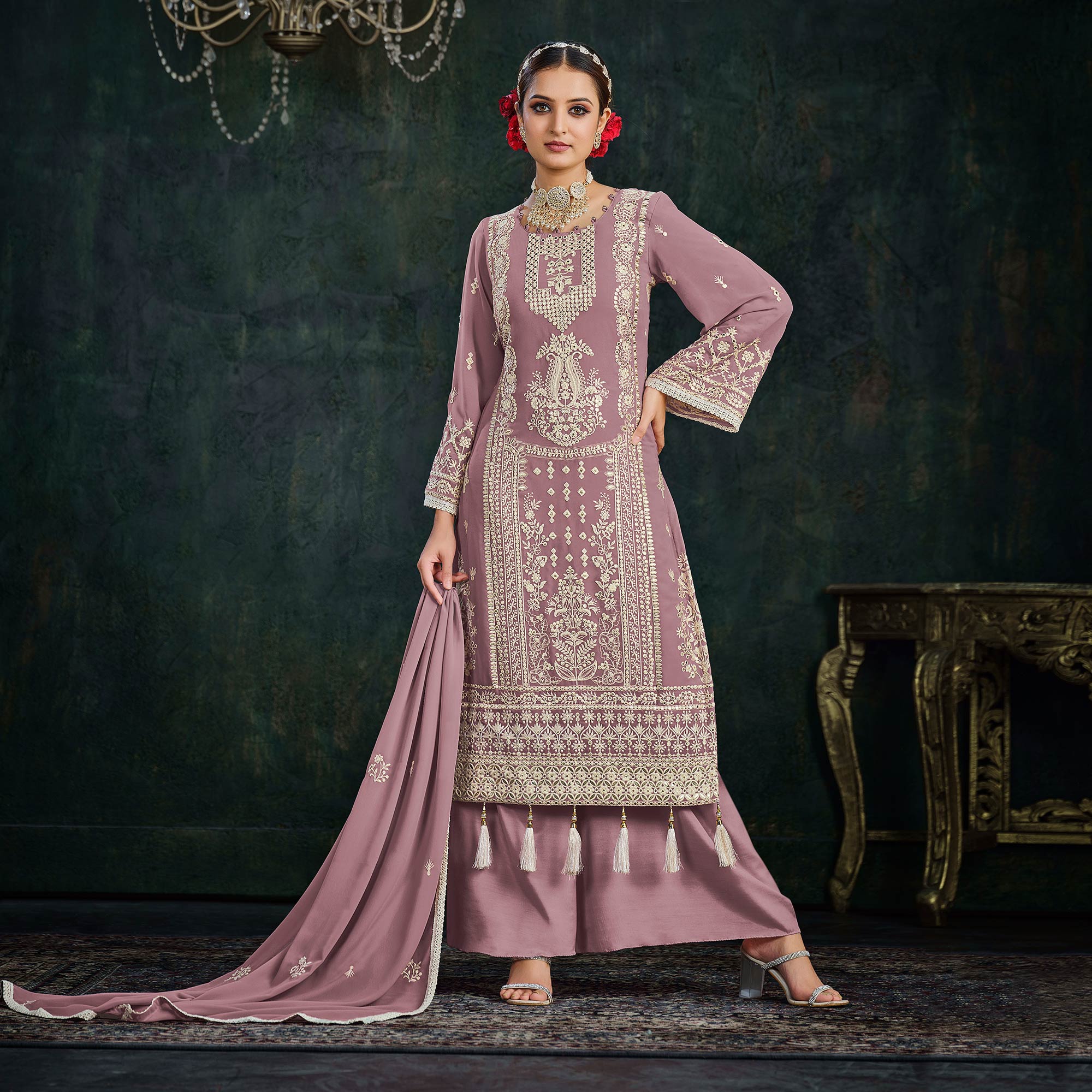Mauve Floral Embroidered Georgette Semi Stitched Palazzo Suit