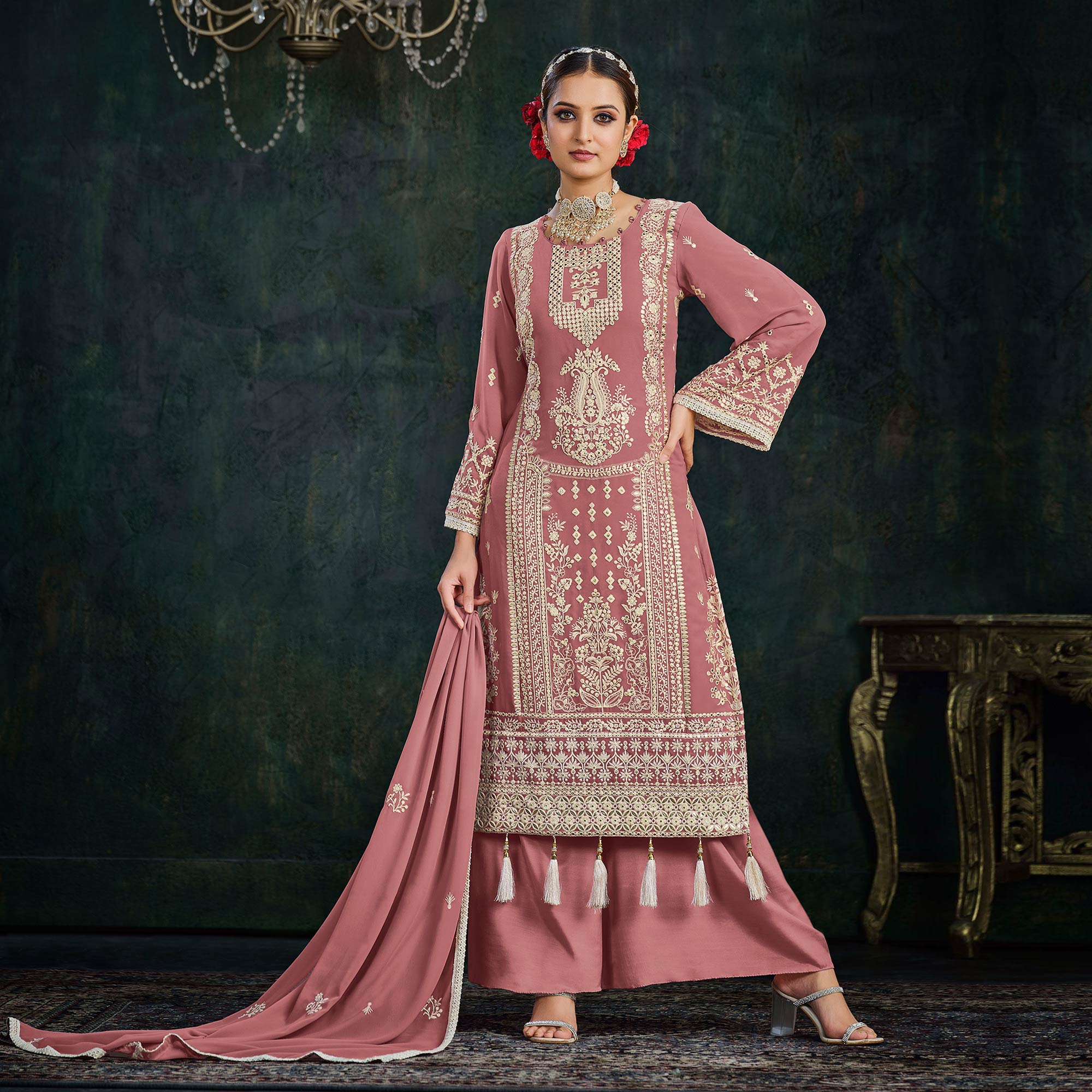 Pink Floral Embroidered Georgette Semi Stitched Palazzo Suit