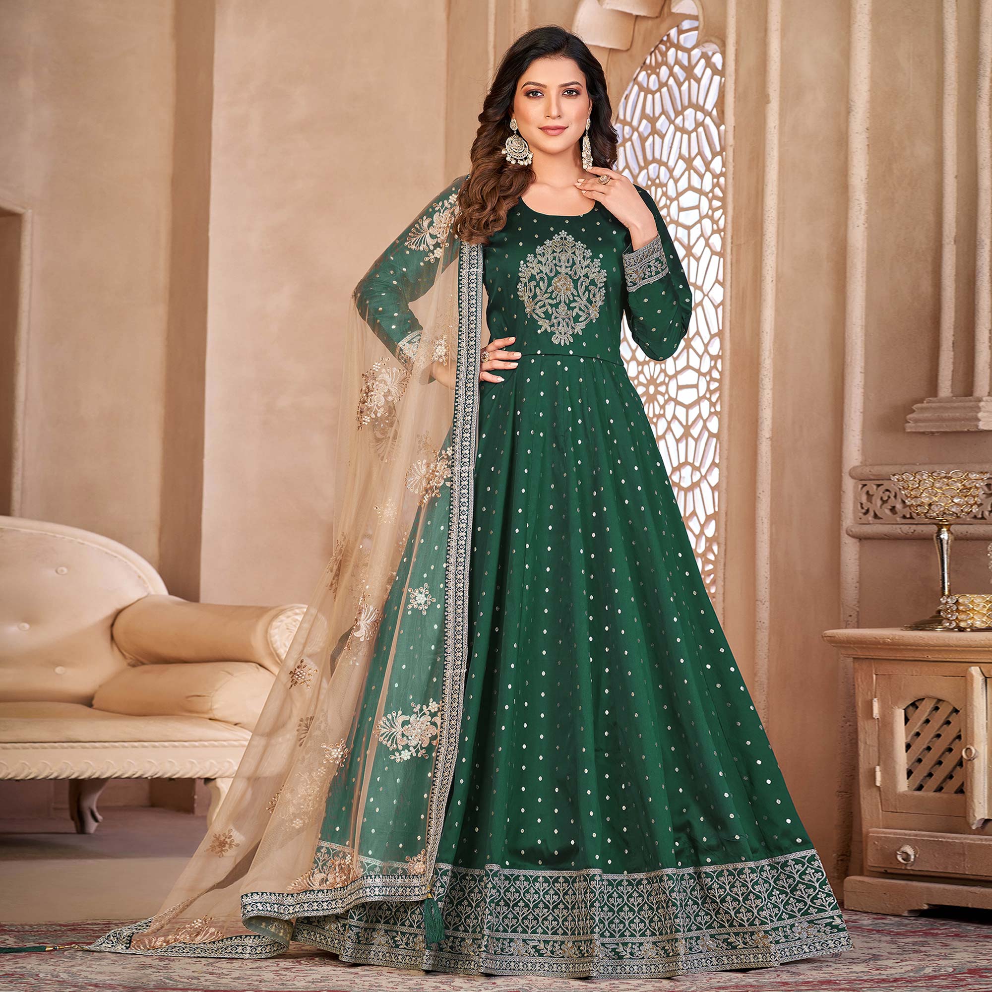 Green Floral Embroidered Tapetta Silk Semi Stitched Anarkali Suit