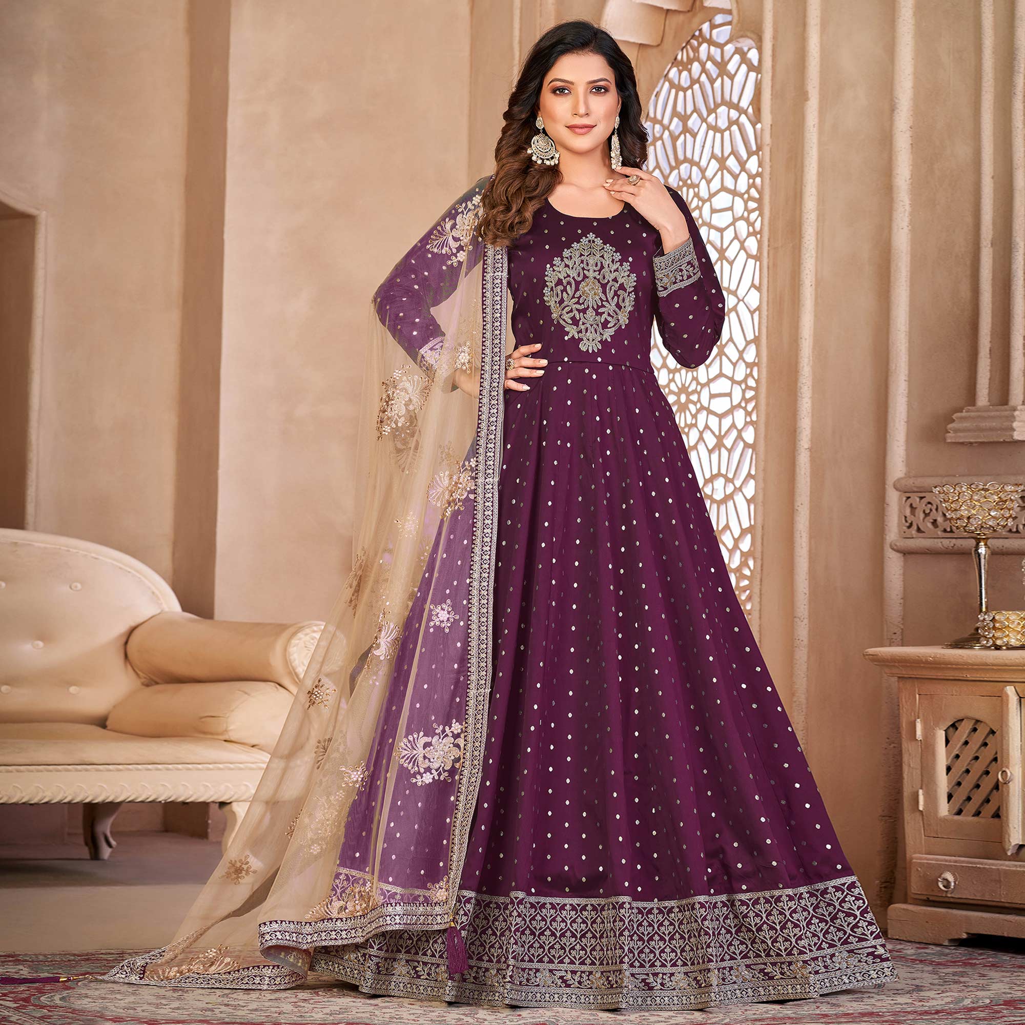 Purple Floral Embroidered Tapetta Silk Semi Stitched Anarkali Suit