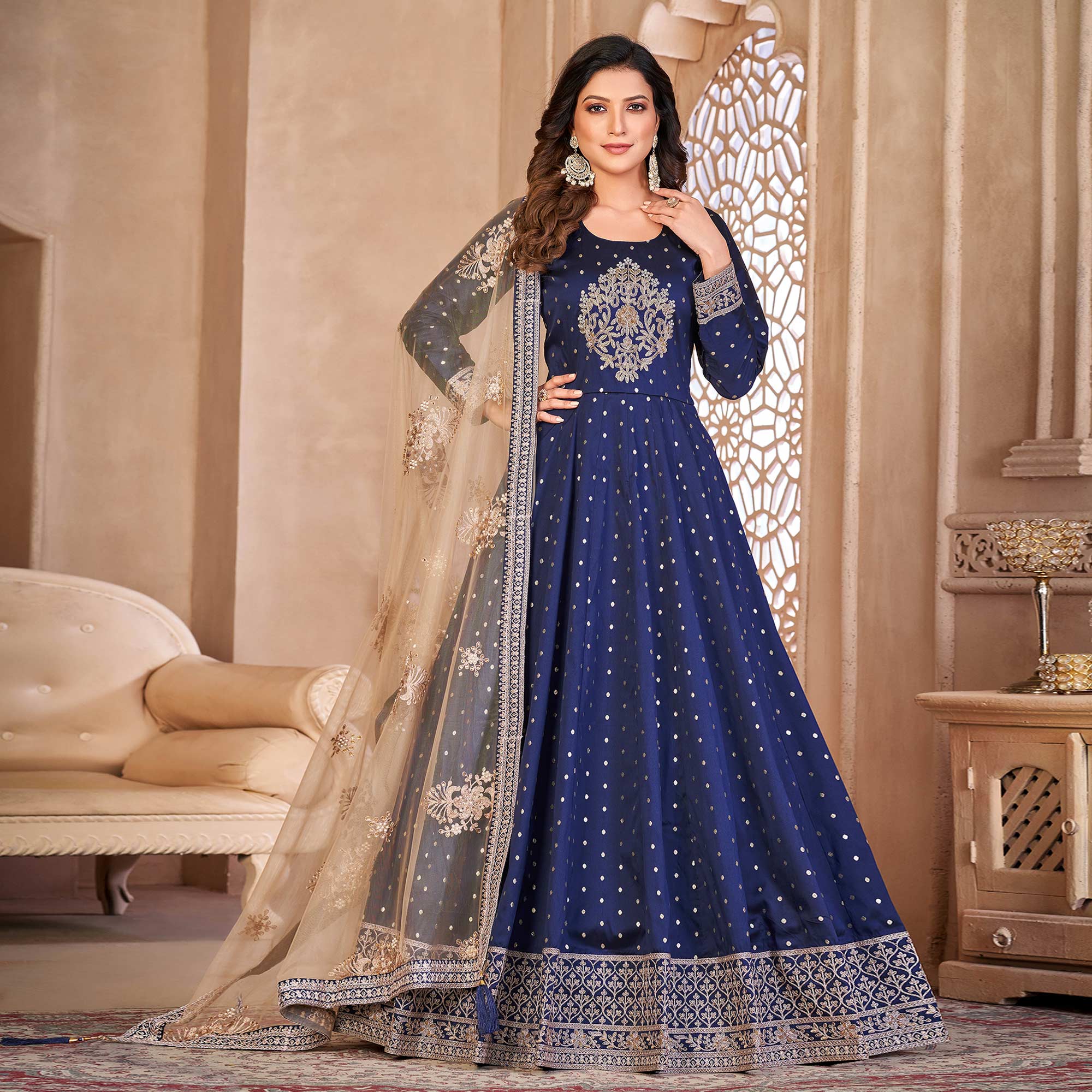 Blue Floral Embroidered Tapetta Silk Semi Stitched Anarkali Suit