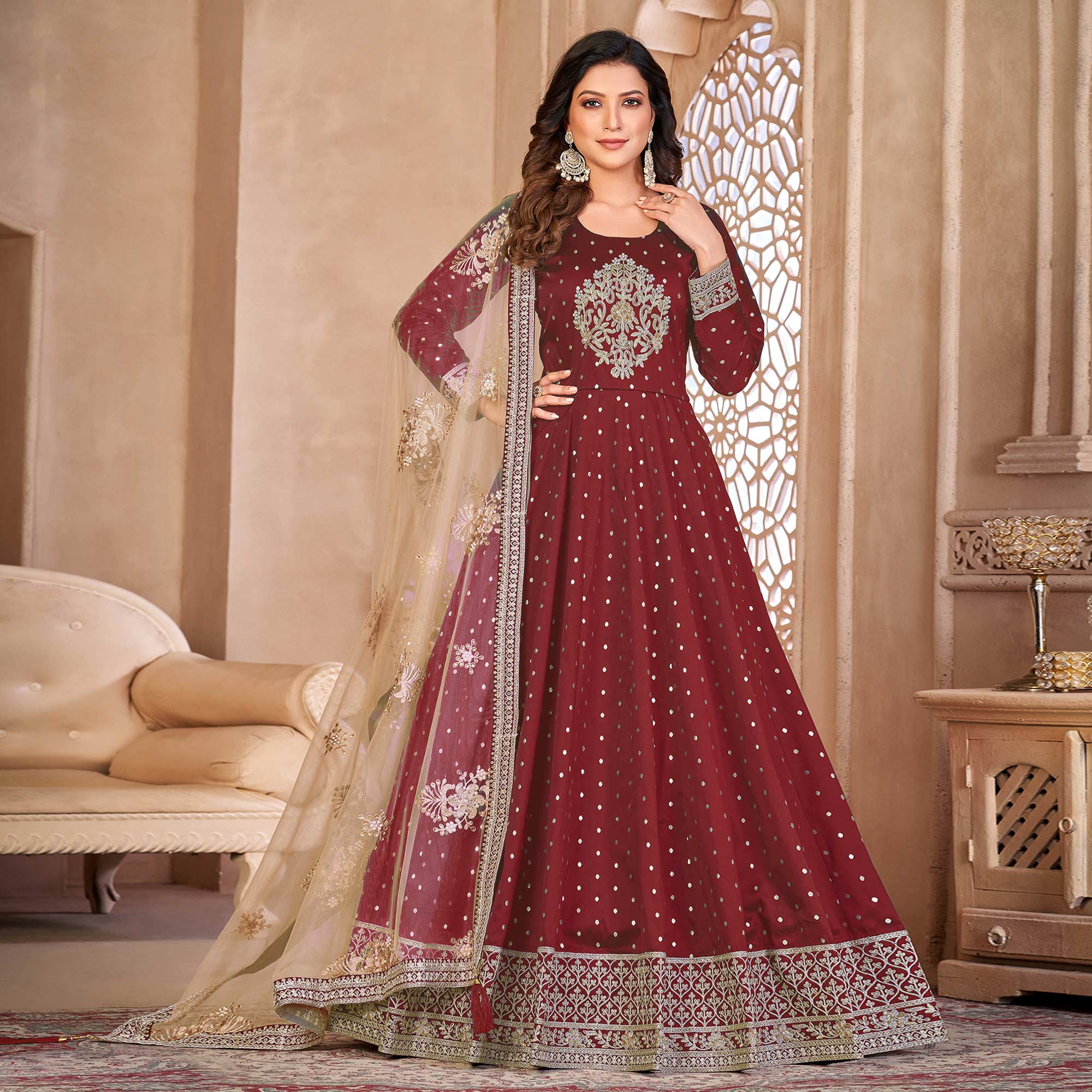 Maroon Floral Embroidered Tapetta Silk Semi Stitched Anarkali Suit