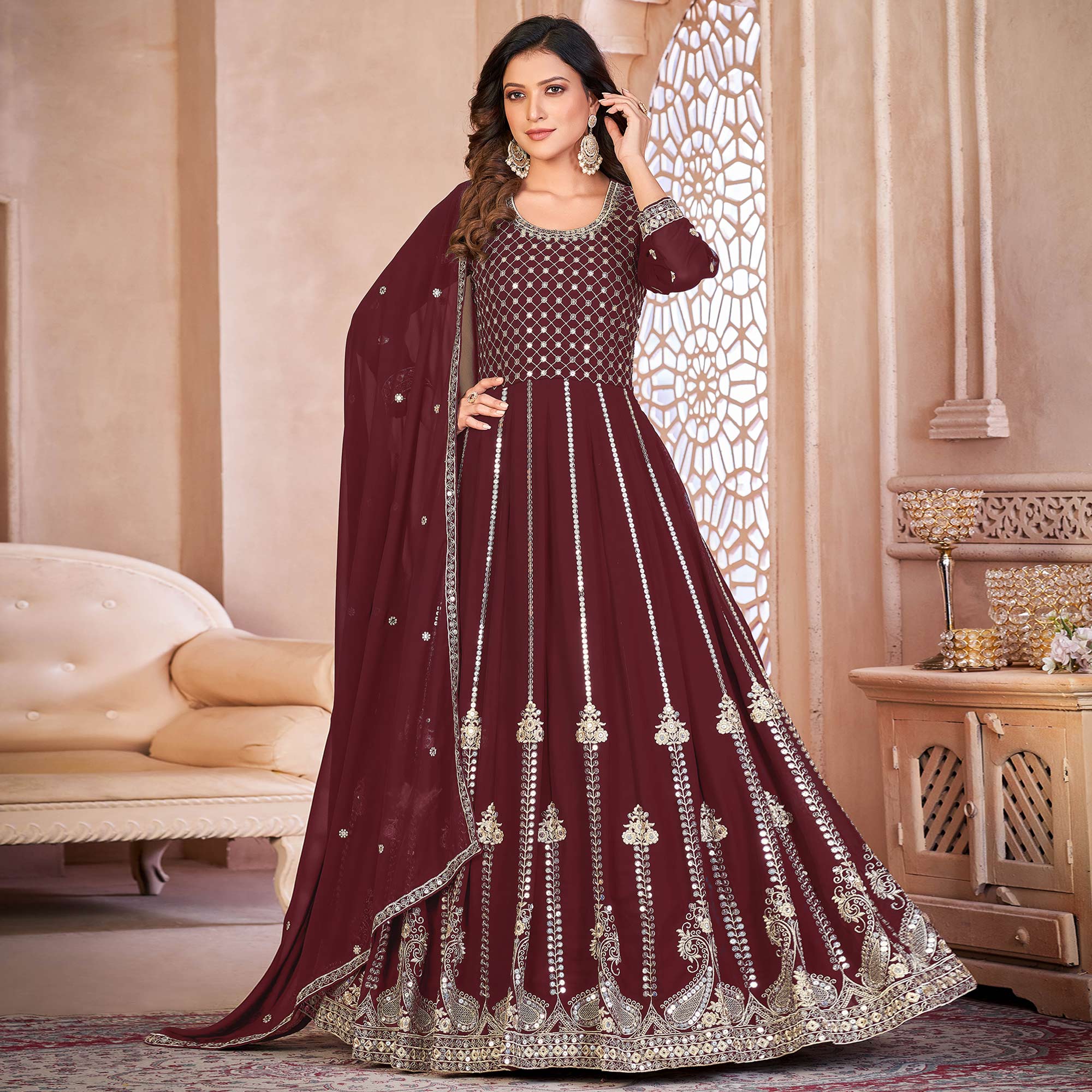 Maroon Floral Sequins Embroidered Georgette Semi Stitched Anarkali Suit