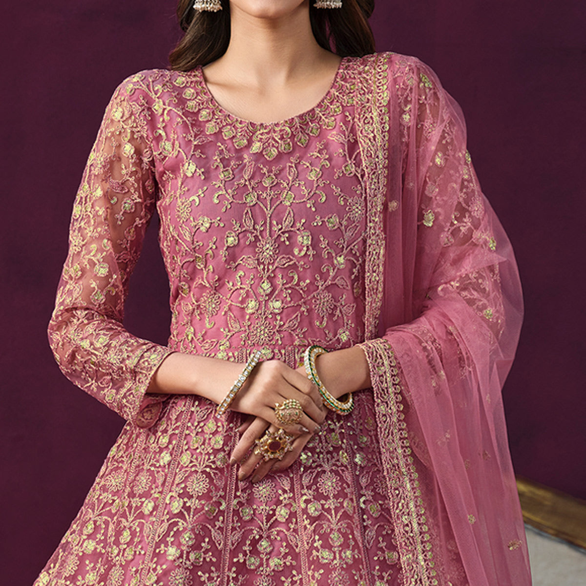 Pink Floral Embroidered Net Semi Stitched Anarkali Suit