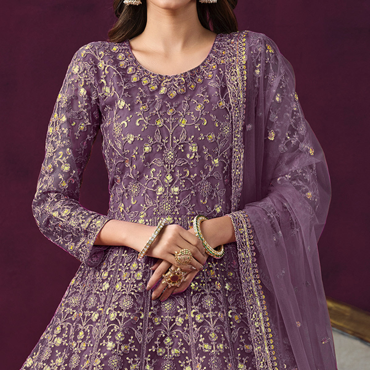 Purple Floral Embroidered Net Semi Stitched Anarkali Suit