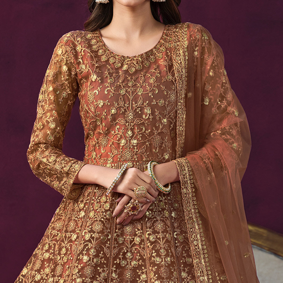 Rust Floral Embroidered Net Semi Stitched Anarkali Suit