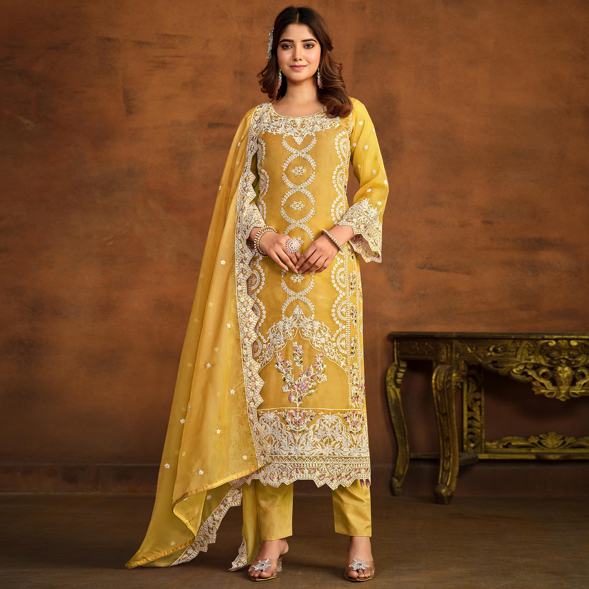 Yellow Floral Embroidered Soft Organza Semi Stithed Suit