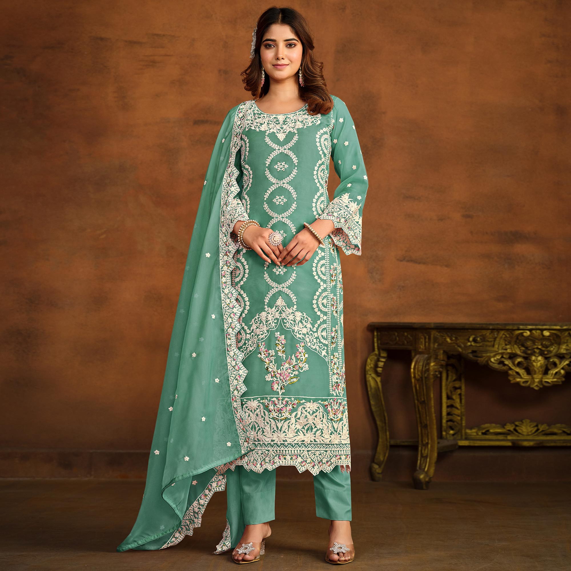 Sea Green Floral Embroidered Soft Organza Semi Stithed Suit