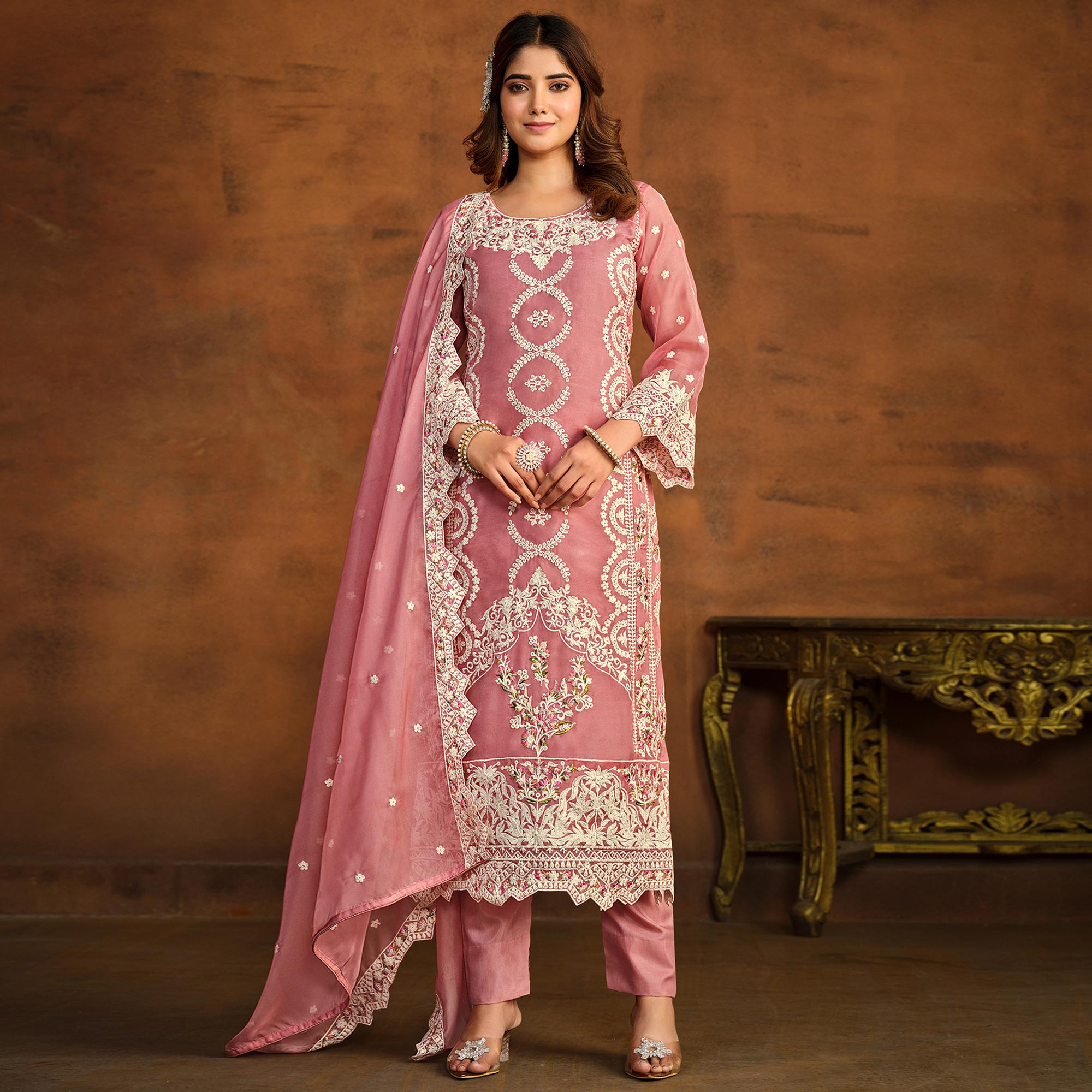 Pink Floral Embroidered Soft Organza Semi Stithed Suit