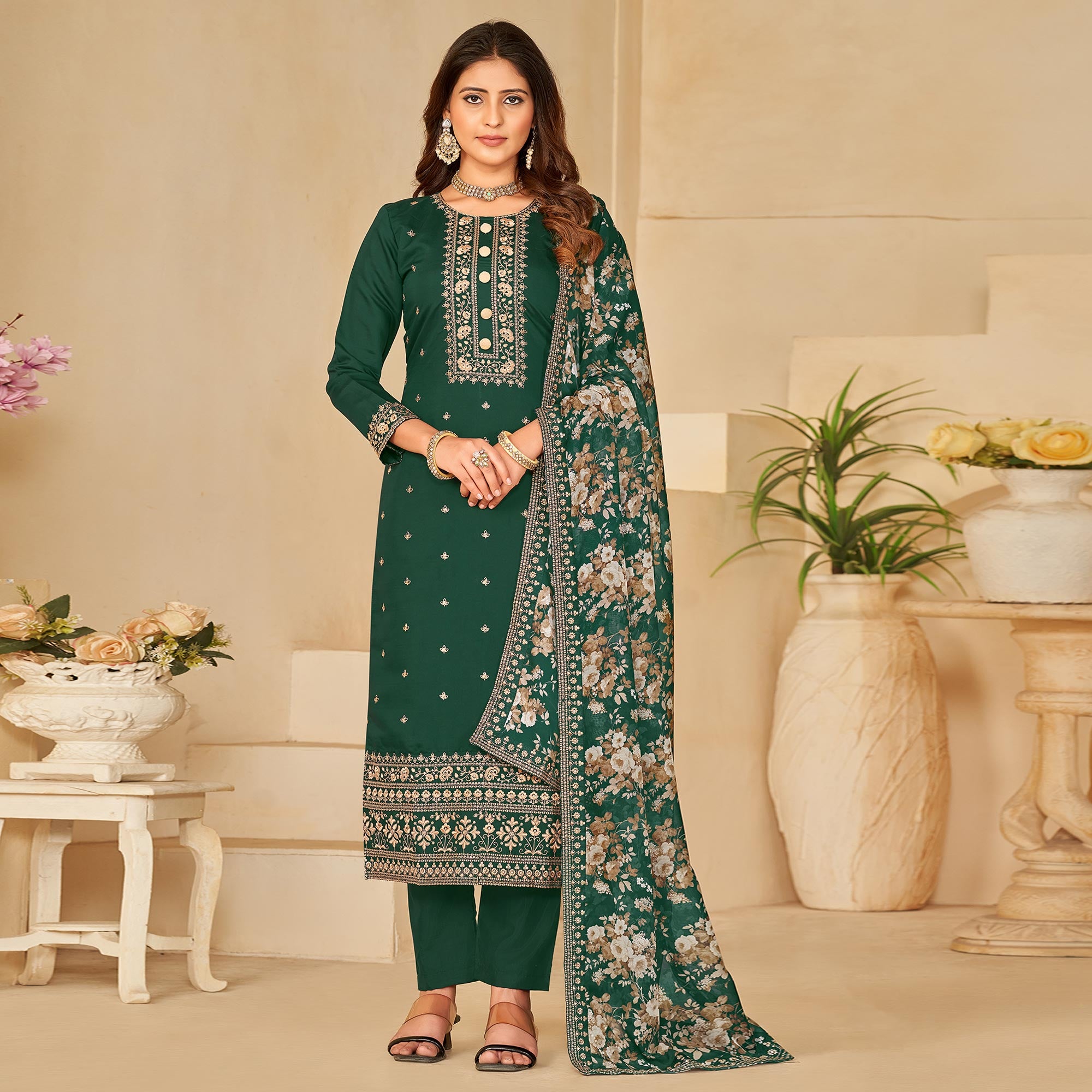 Green Embroidered Pure Silk Semi Stitched Suit