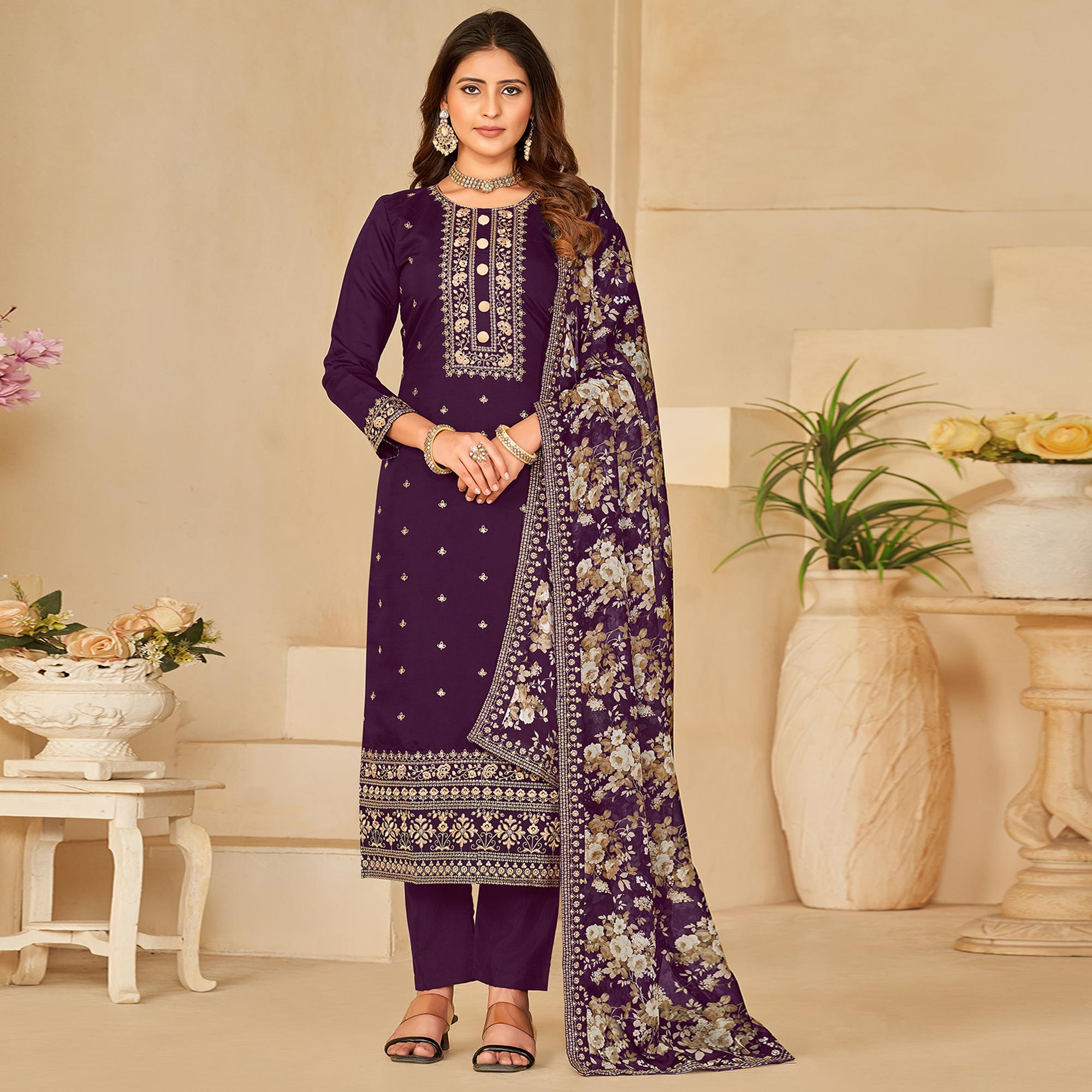 Purple Embroidered Pure Silk Semi Stitched Suit