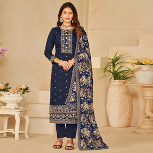 Blue Embroidered Pure Silk Semi Stitched Suit