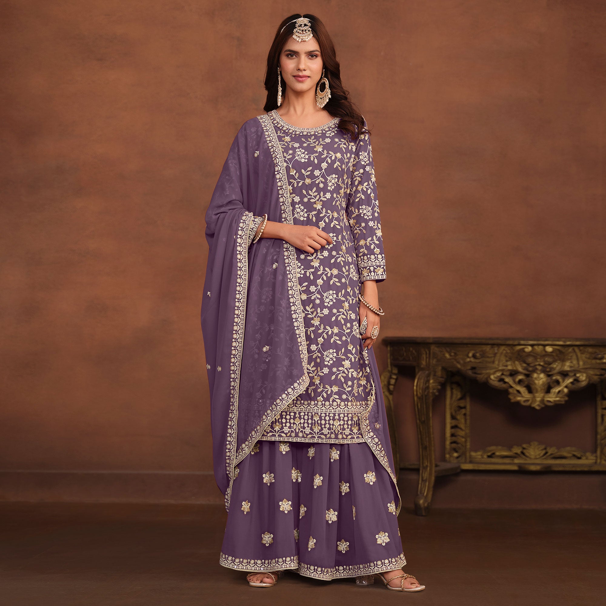 Purple Floral Embroidered Georgette Semi Stithed Suit