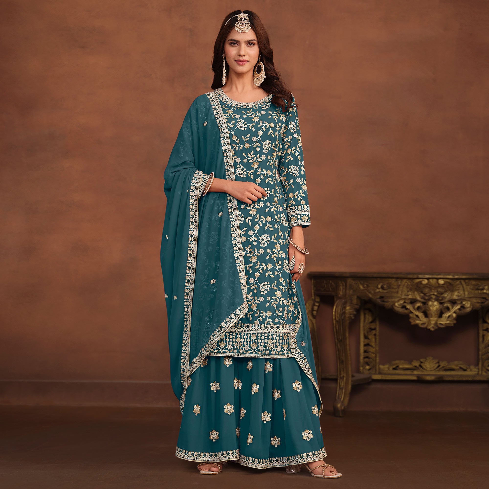 Teal Floral Embroidered Georgette Semi Stithed Suit