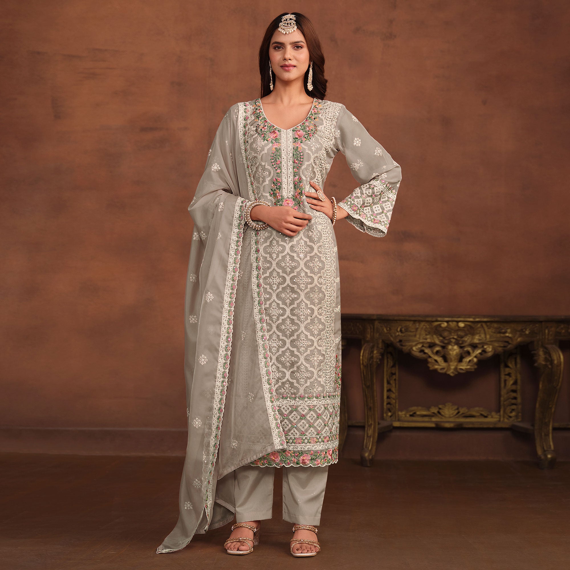 Grey Floral Embroidered Organza Semi Stitched Suit