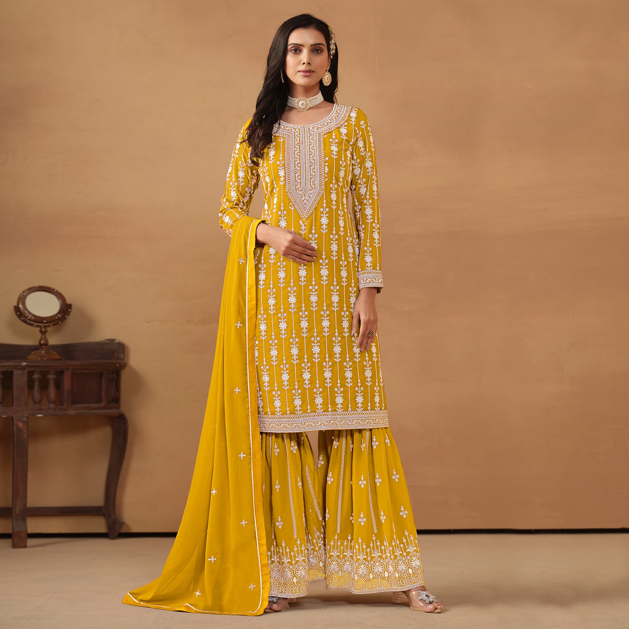 Yellow Floral Embroidered Georgette Semi Stithed Sharara Suit