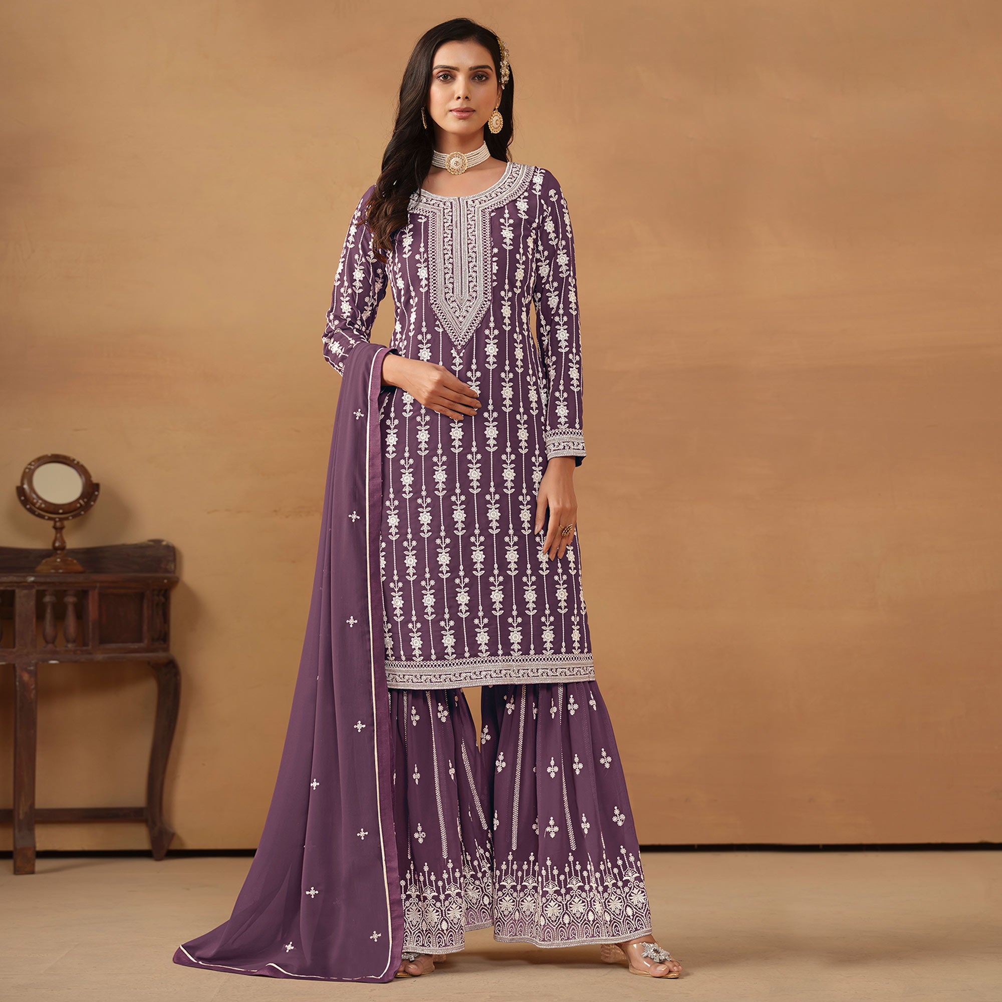 Purple Floral Embroidered Georgette Semi Stithed Sharara Suit