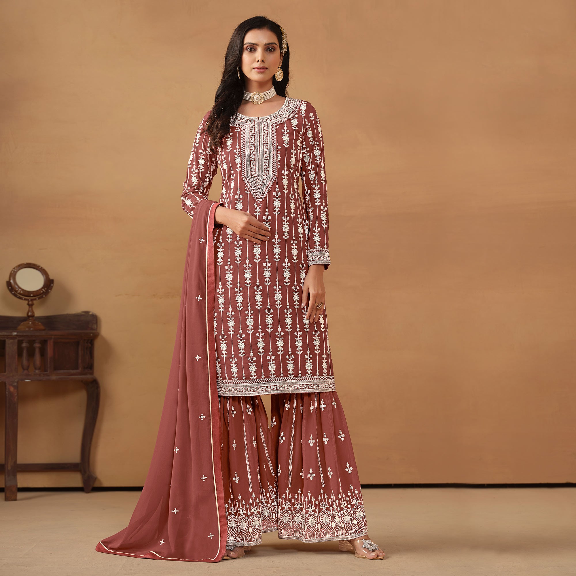 Rust Floral Embroidered Georgette Semi Stithed Sharara Suit