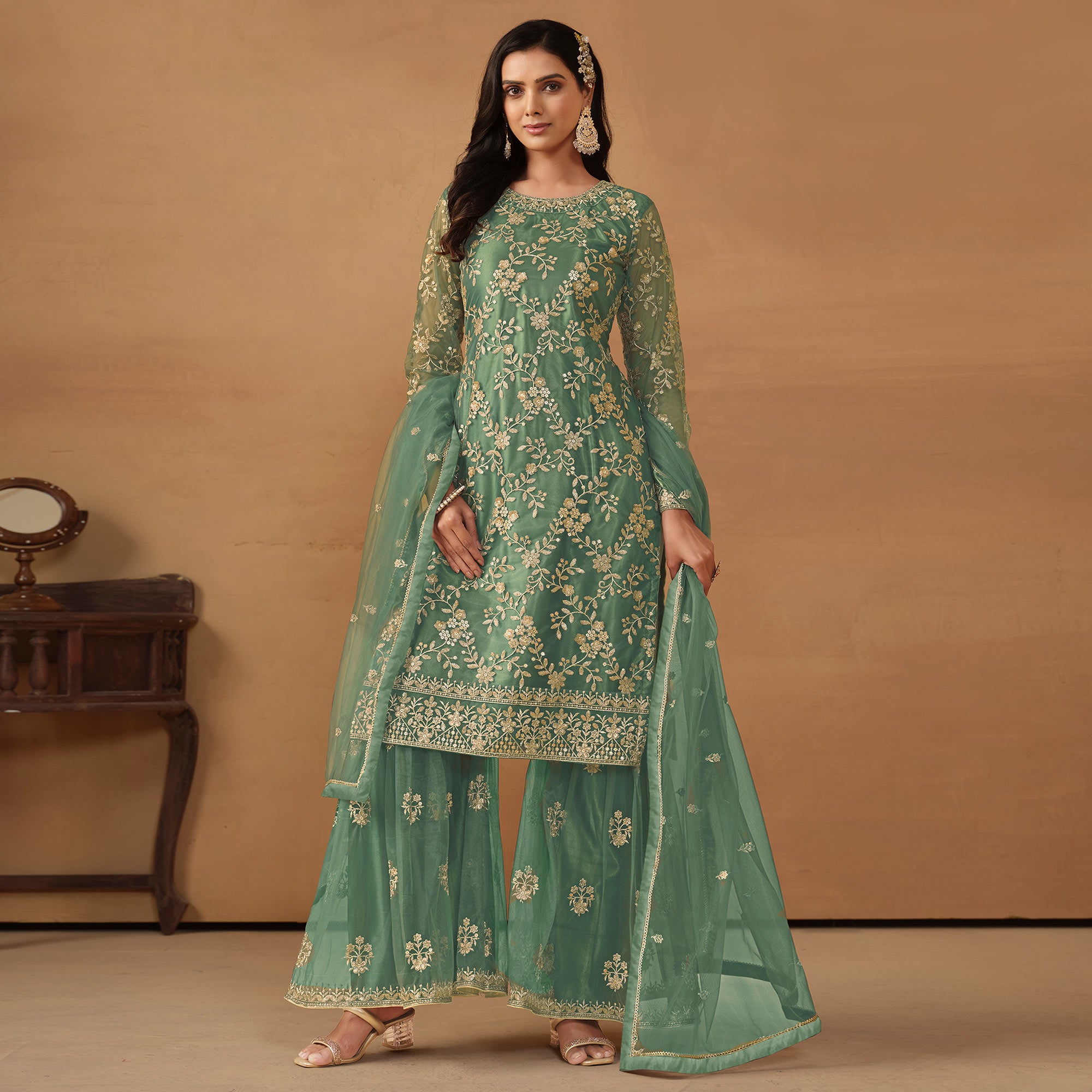 Sea Green Floral Embroidered Net Semi Stitched Sharara Suit
