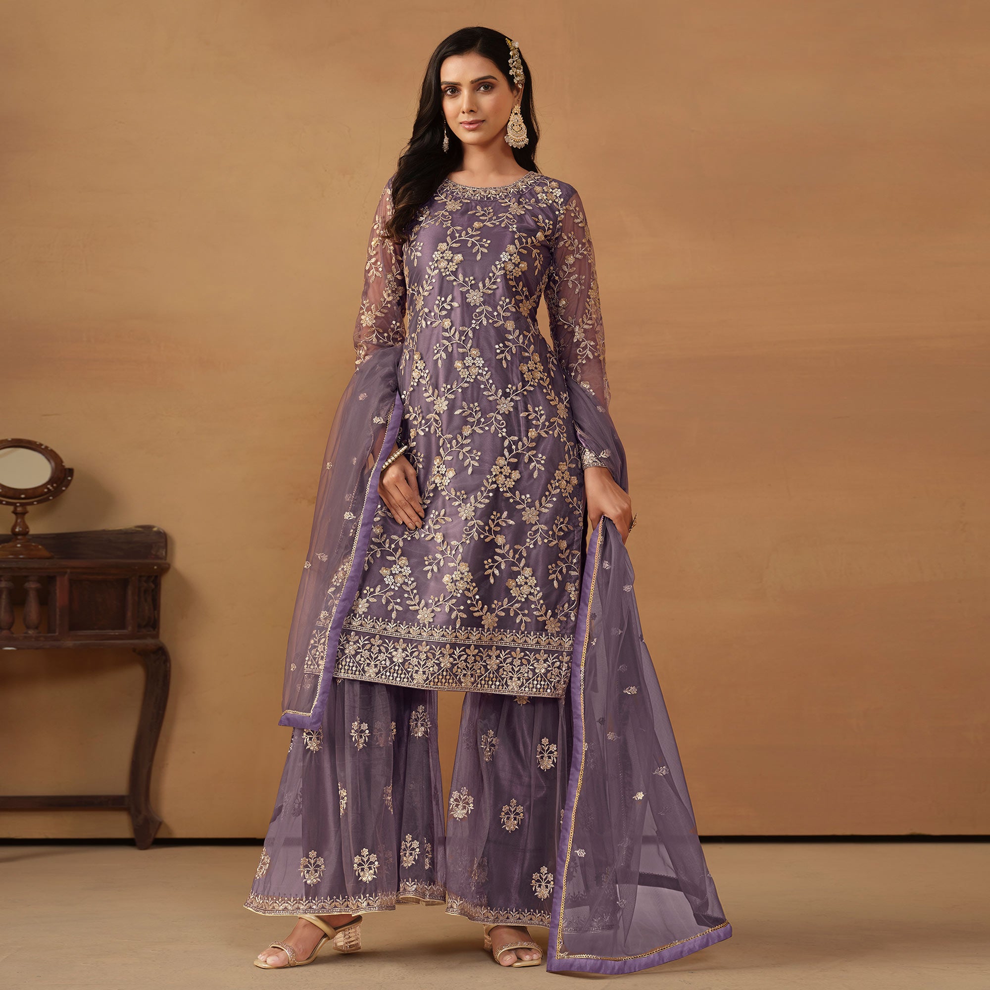 Purple Floral Embroidered Net Semi Stitched Sharara Suit